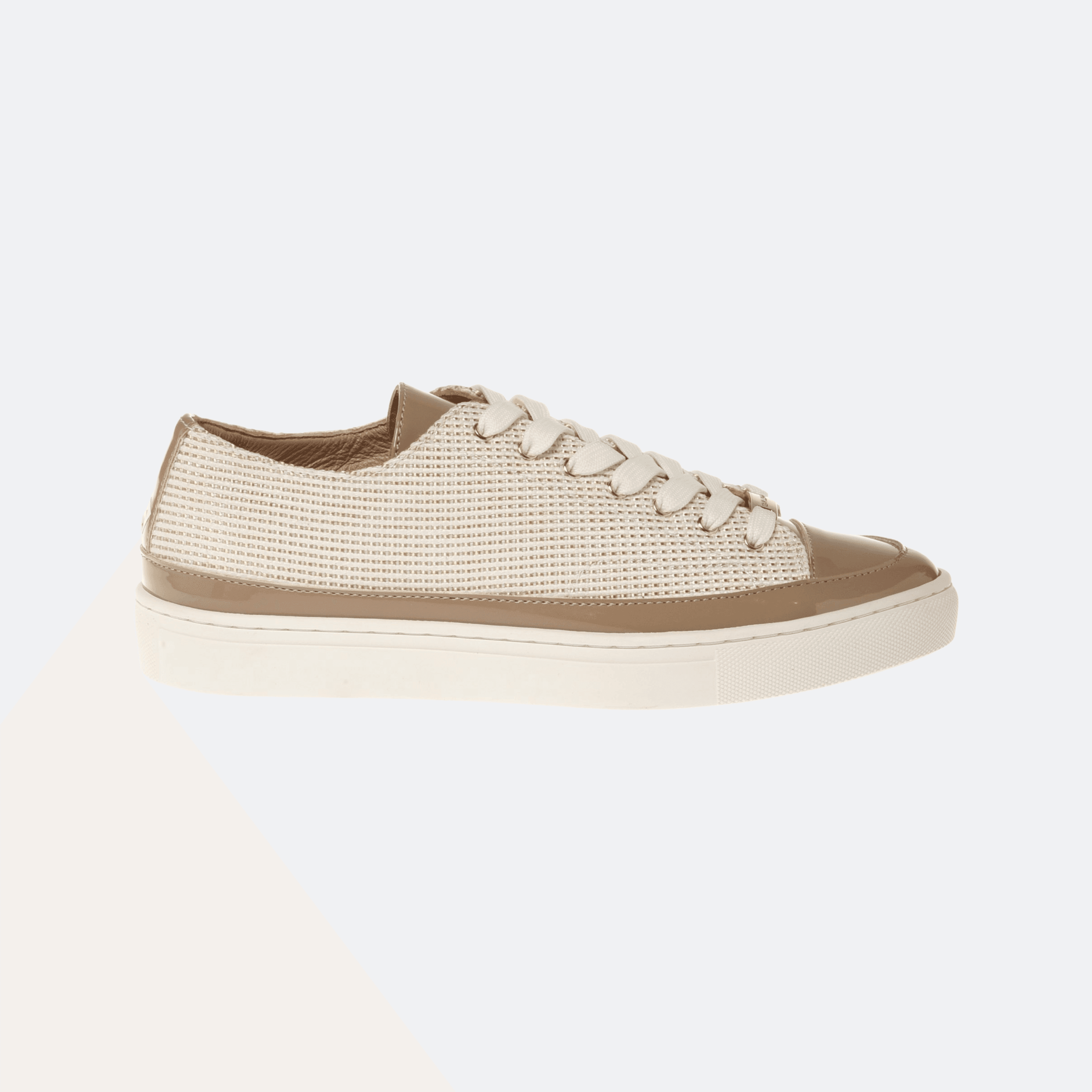 Baldinini Sneaker With Studs In Patent Leather And Raffia For Women - Taupe And White