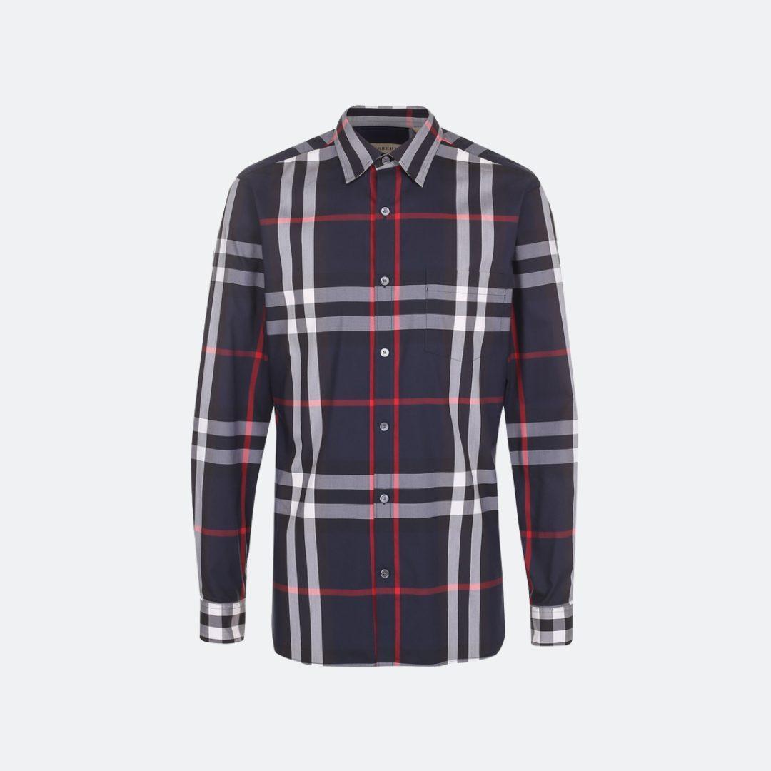 Burberry Classic Check Design Dark Blue Men Shirt