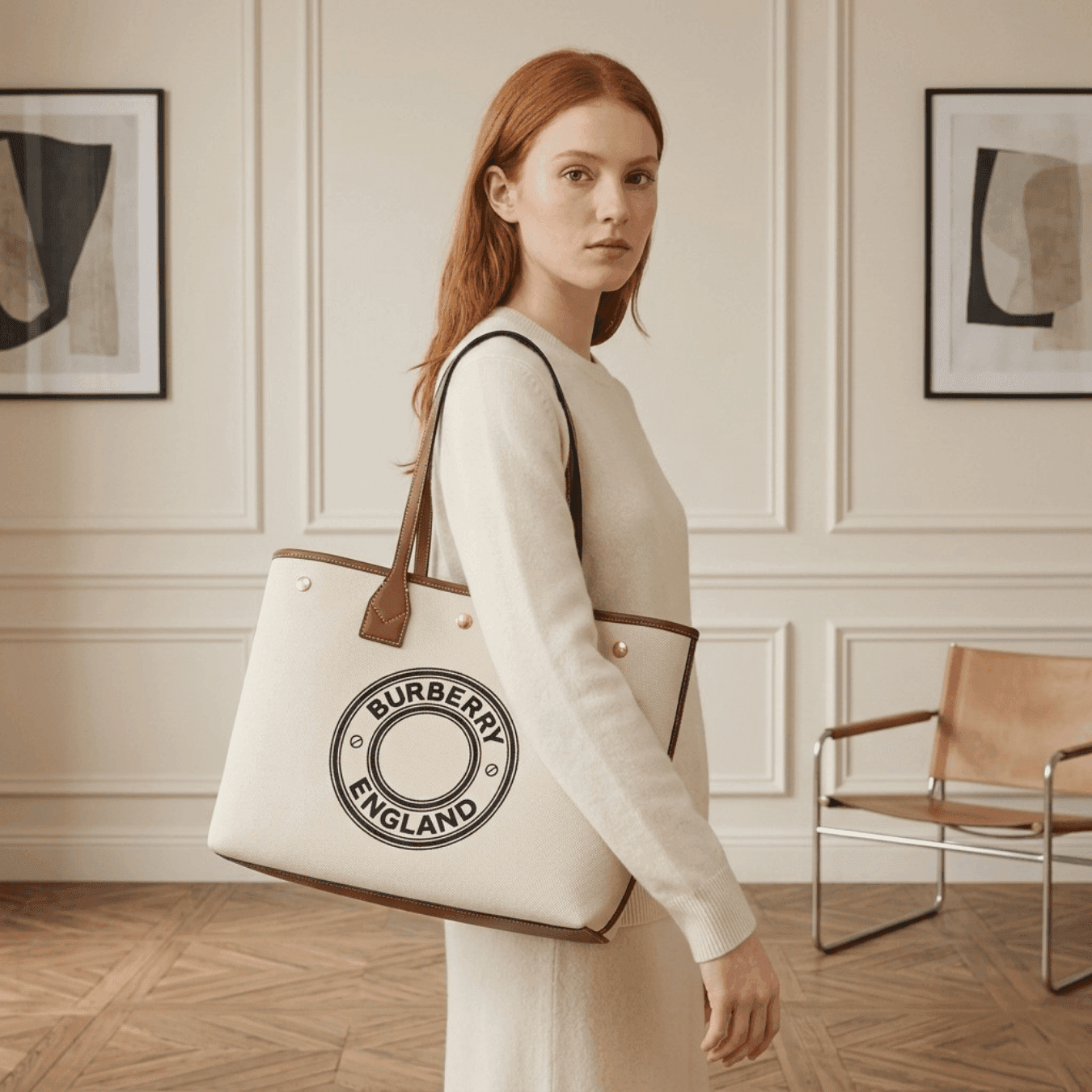 Burberry Medium Logo Print Canvas Tote Bag Leather Trim - White alternate