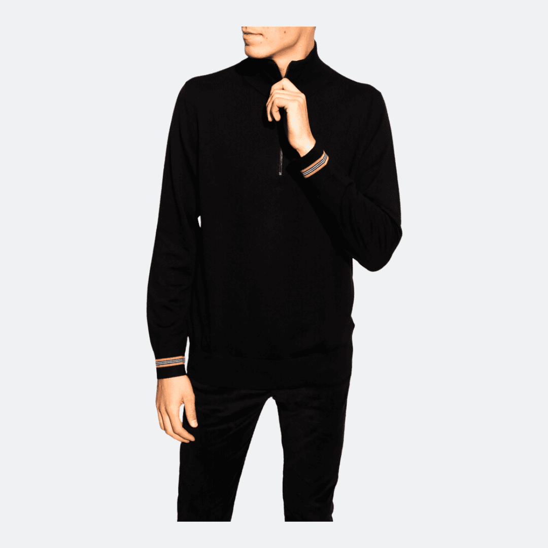 Burberry Men Black Icon Stripe Cuff Funnel Neck Sweater