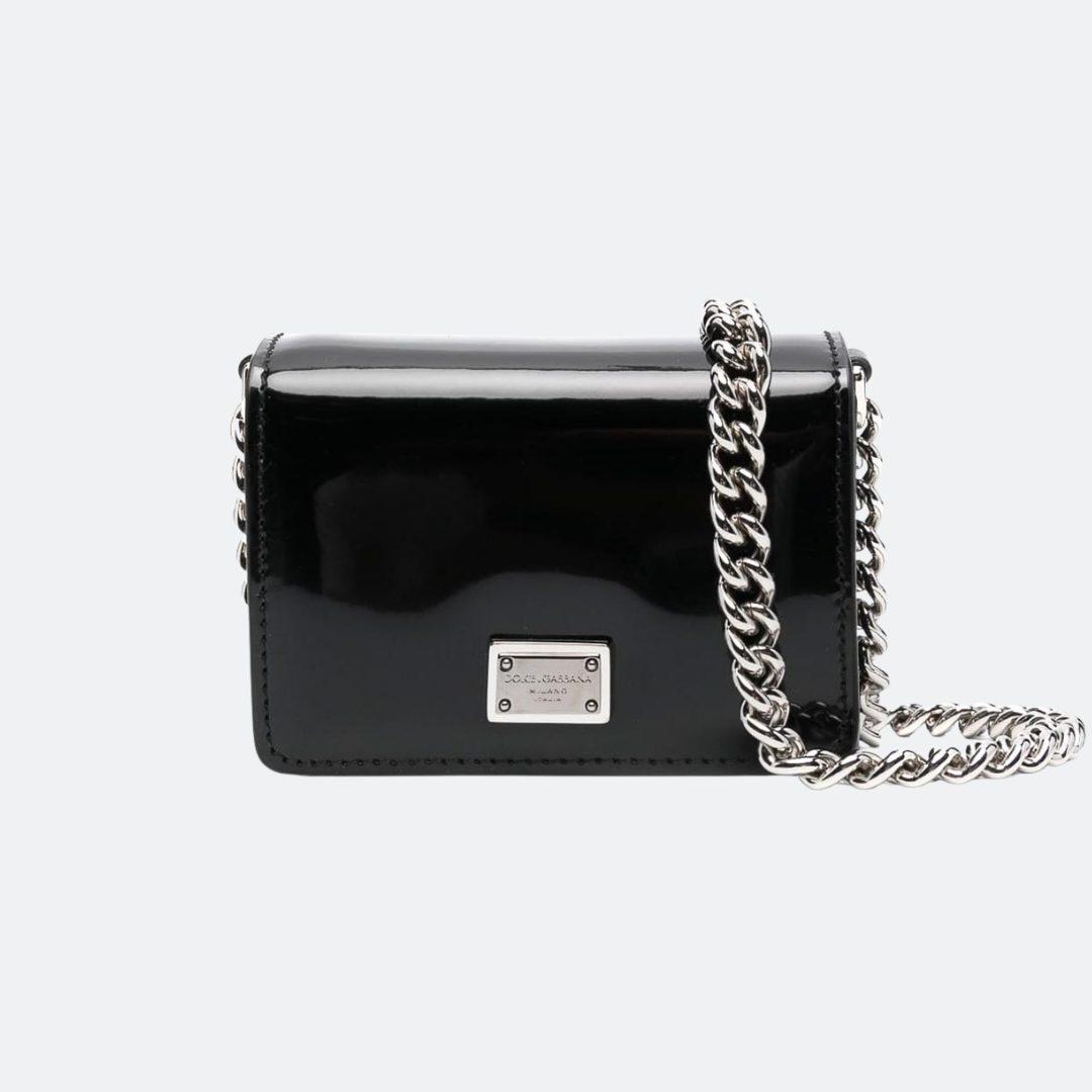 Dolce & Gabbana Logo Plaque Black Patent Leather Mini Shoulder Bag