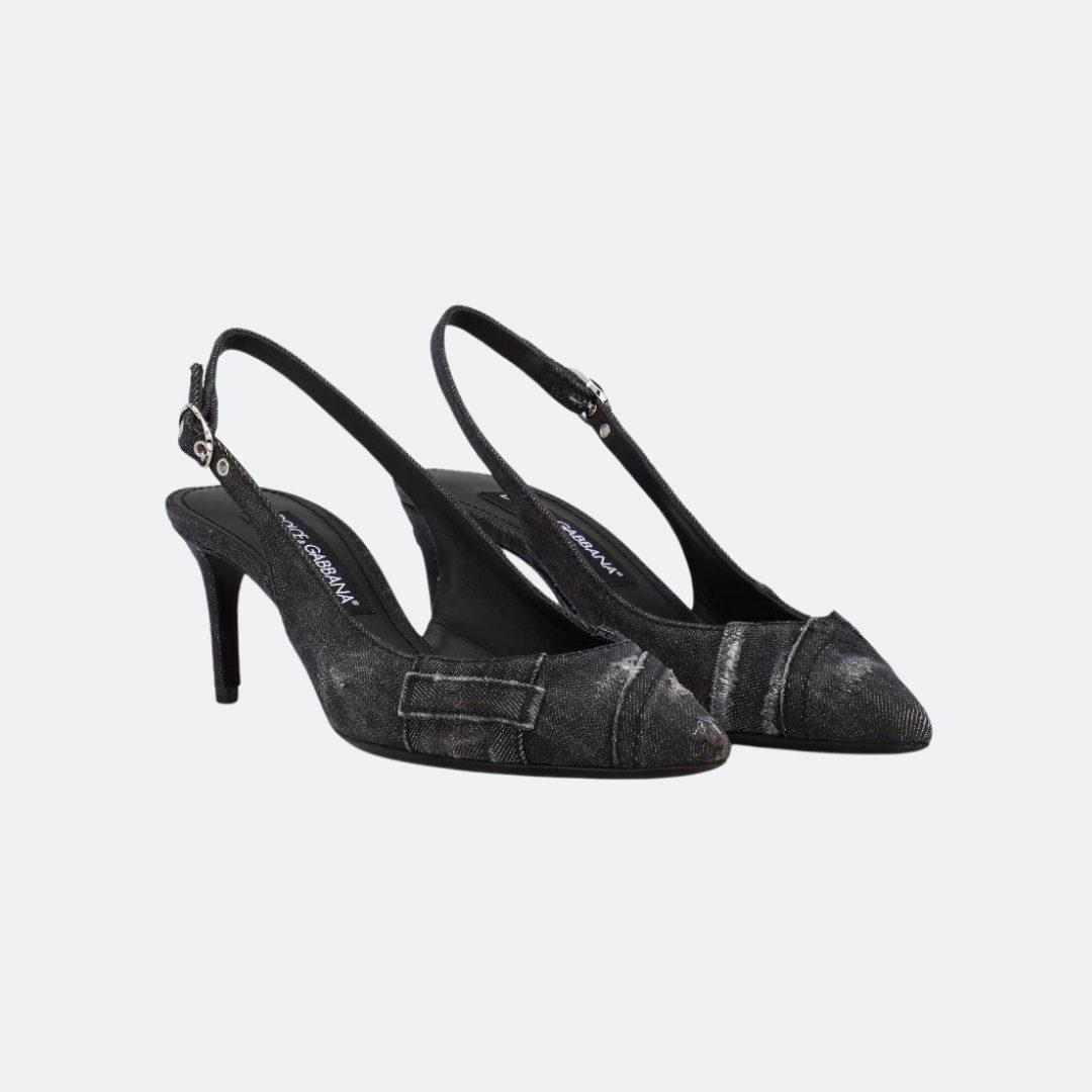 Dolce & Gabbana Patchwork Black Denim Slingback Pumps alternate