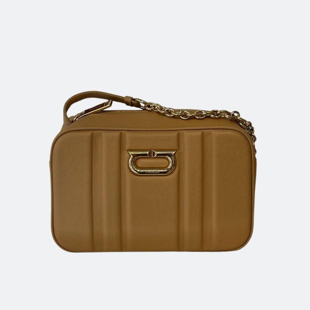 Ferragamo New Metalic Logo Camel Crossbody Bag