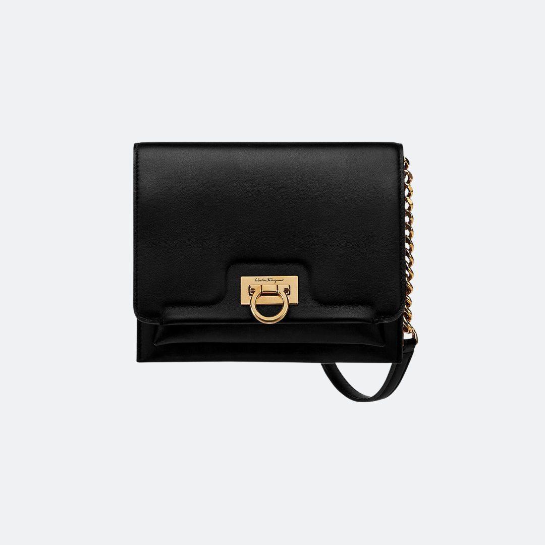 Ferragamo Trifolio Flap Black Leather Shoulder Bag