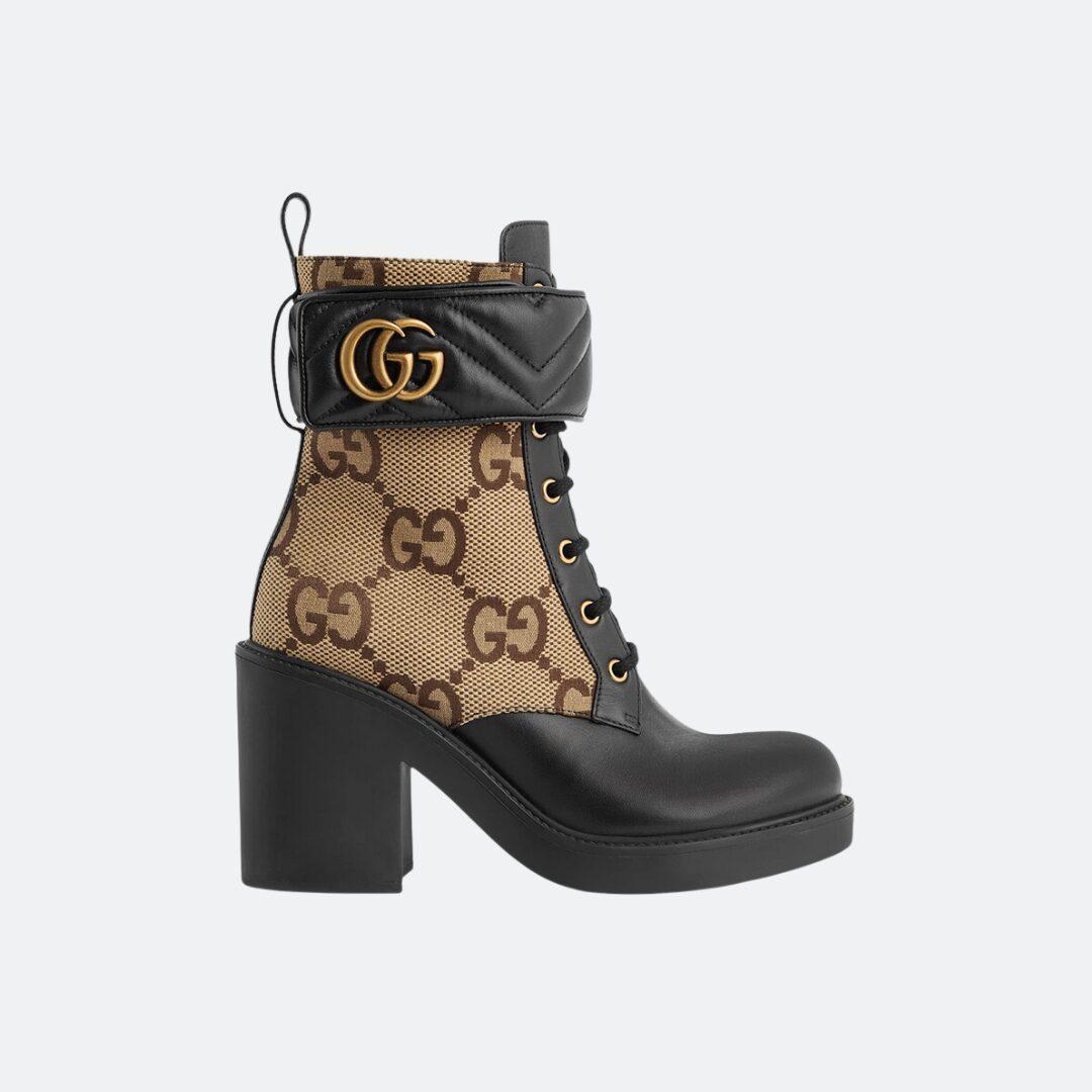 Gucci Marmont Double G Black-Beige Leather-Canvas Ankle Boots