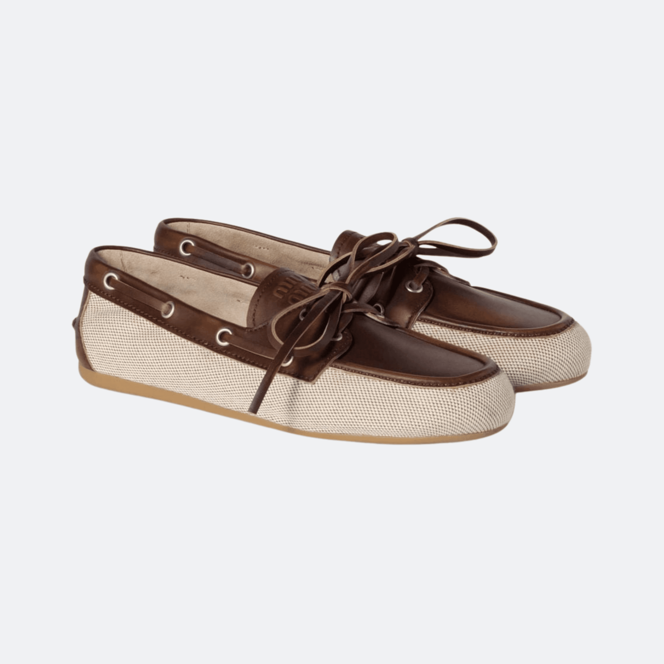 Miu Miu Canvas And Bleached Leather Boat Shoes For Women - Beige-Brown alternate