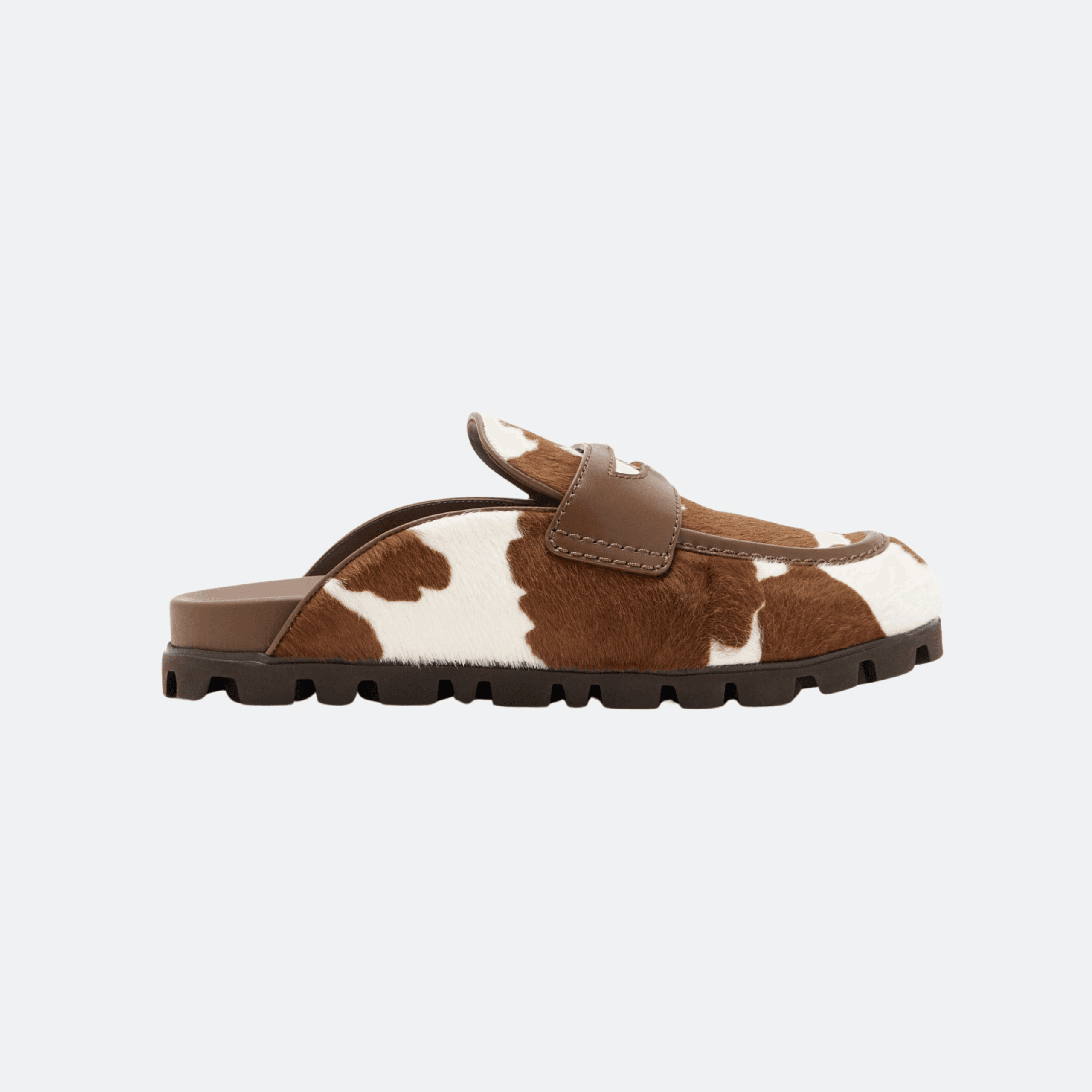 Miu Miu Coin Logo Calf Hair Mules With Leather Band And Lug Sole - Brown/White