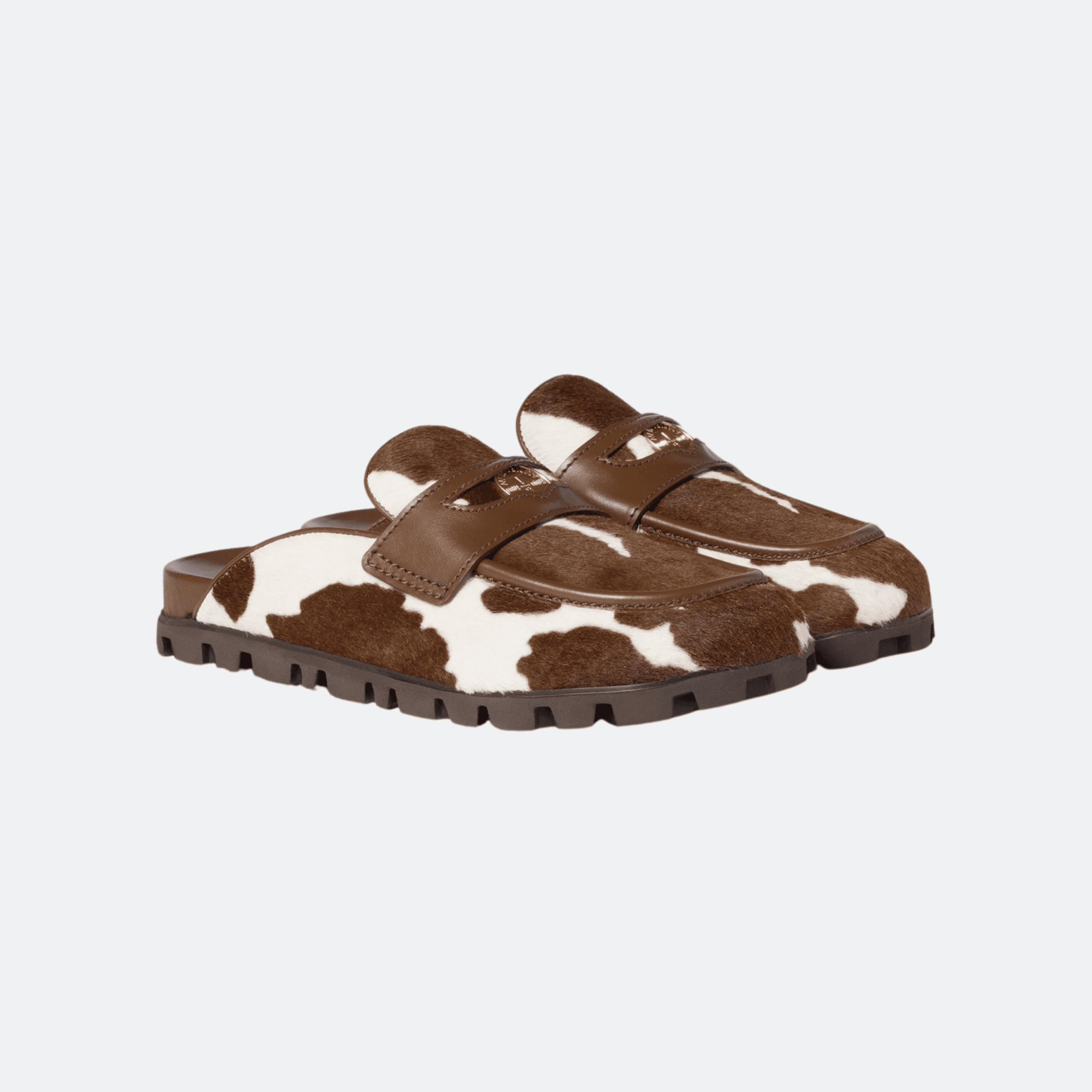 Miu Miu Coin Logo Calf Hair Mules With Leather Band And Lug Sole - Brown/White alternate