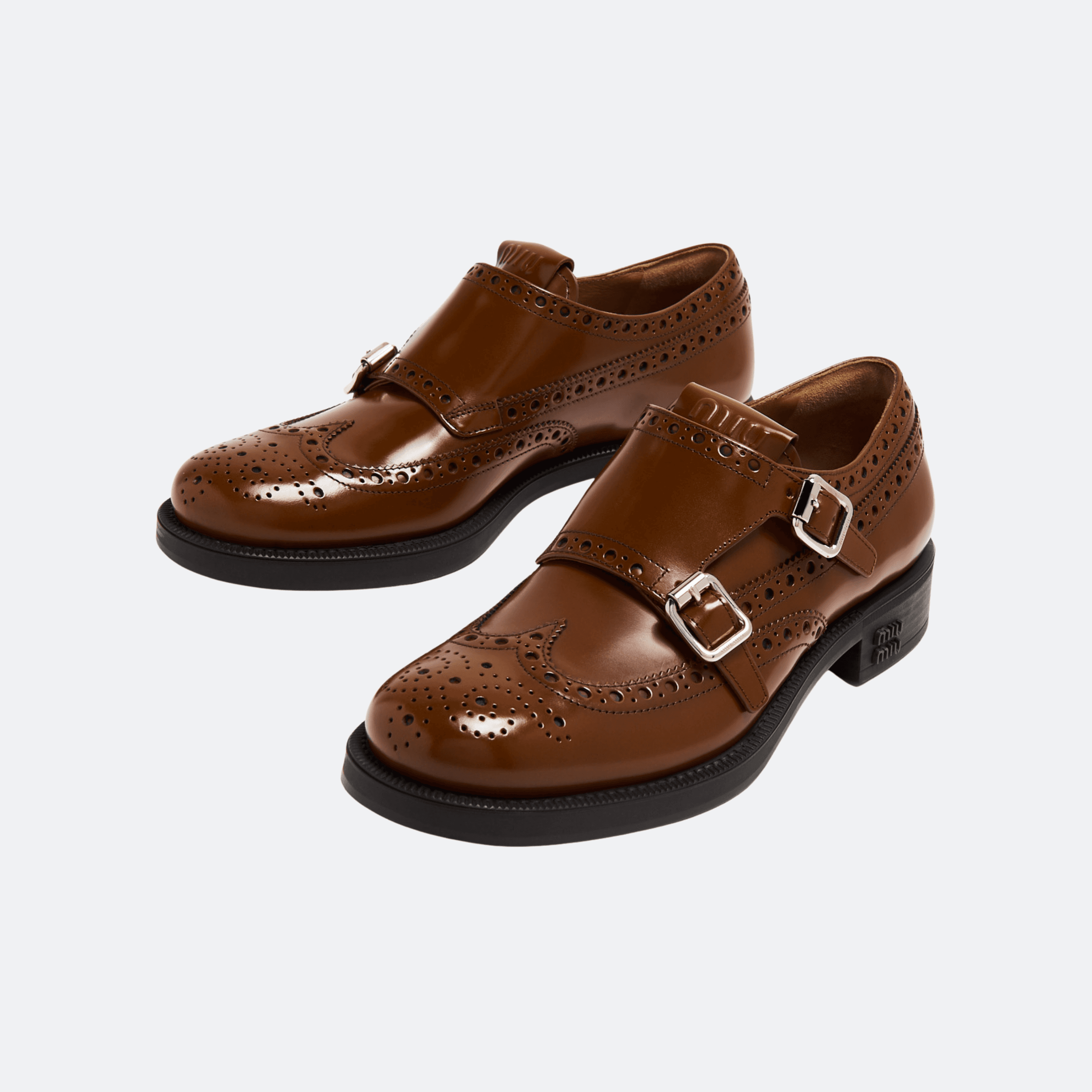 Miu Miu Double Monk Brown Patent Leather Brogue Shoes alternate