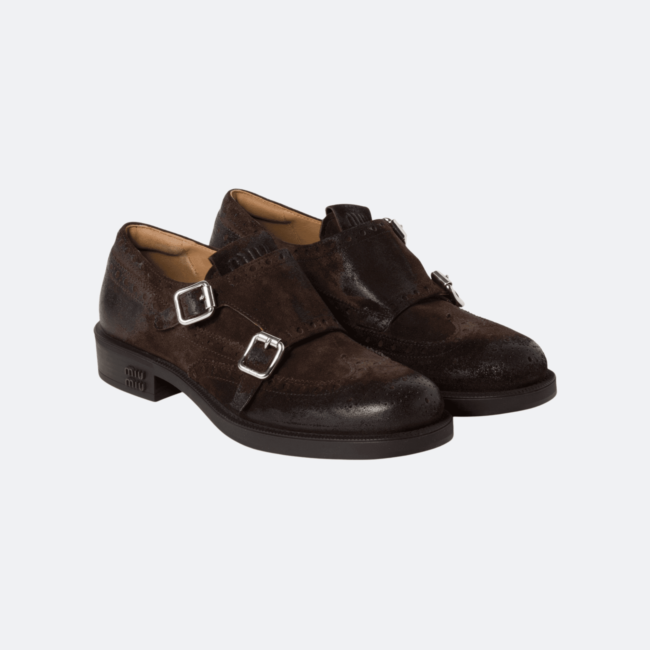 Miu Miu Double-Monk Dark Brown Suede Brogue Shoes alternate
