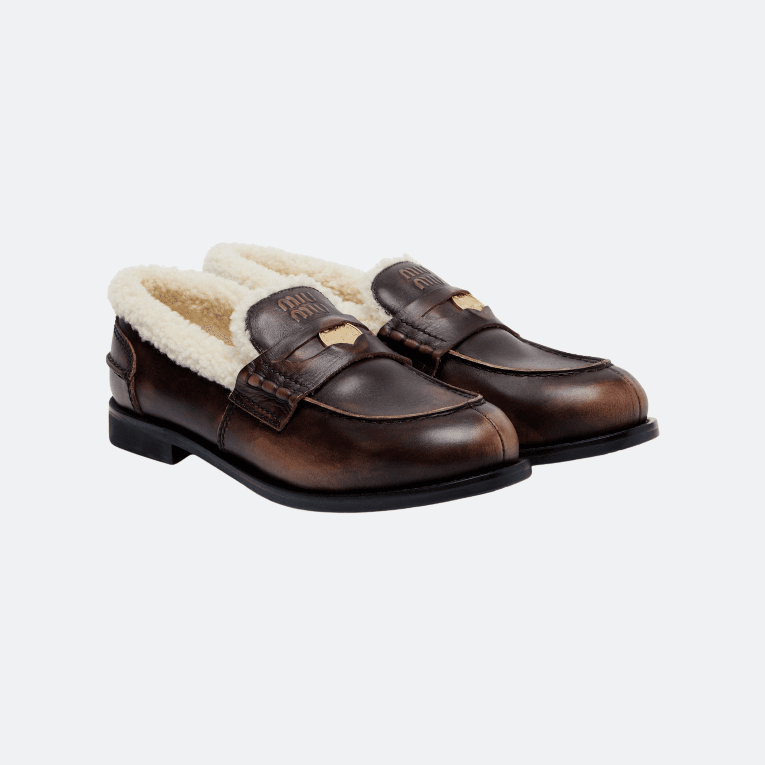 Miu Miu Penny Bleached Leather And Shearling Loafers - Brown alternate