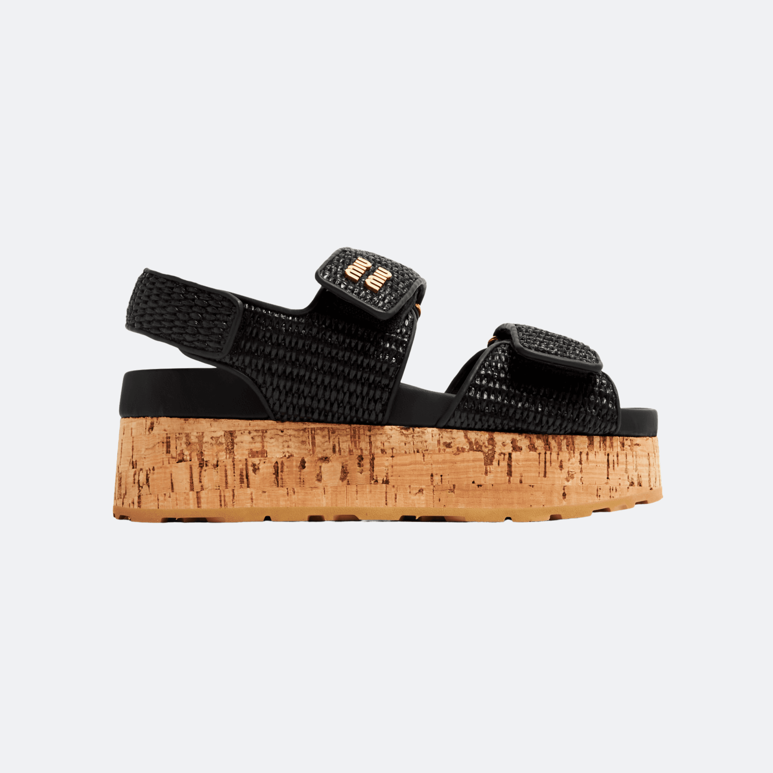 Miu Miu Raffia-Effect Woven Fabric Wedge Sandals for Women - Black