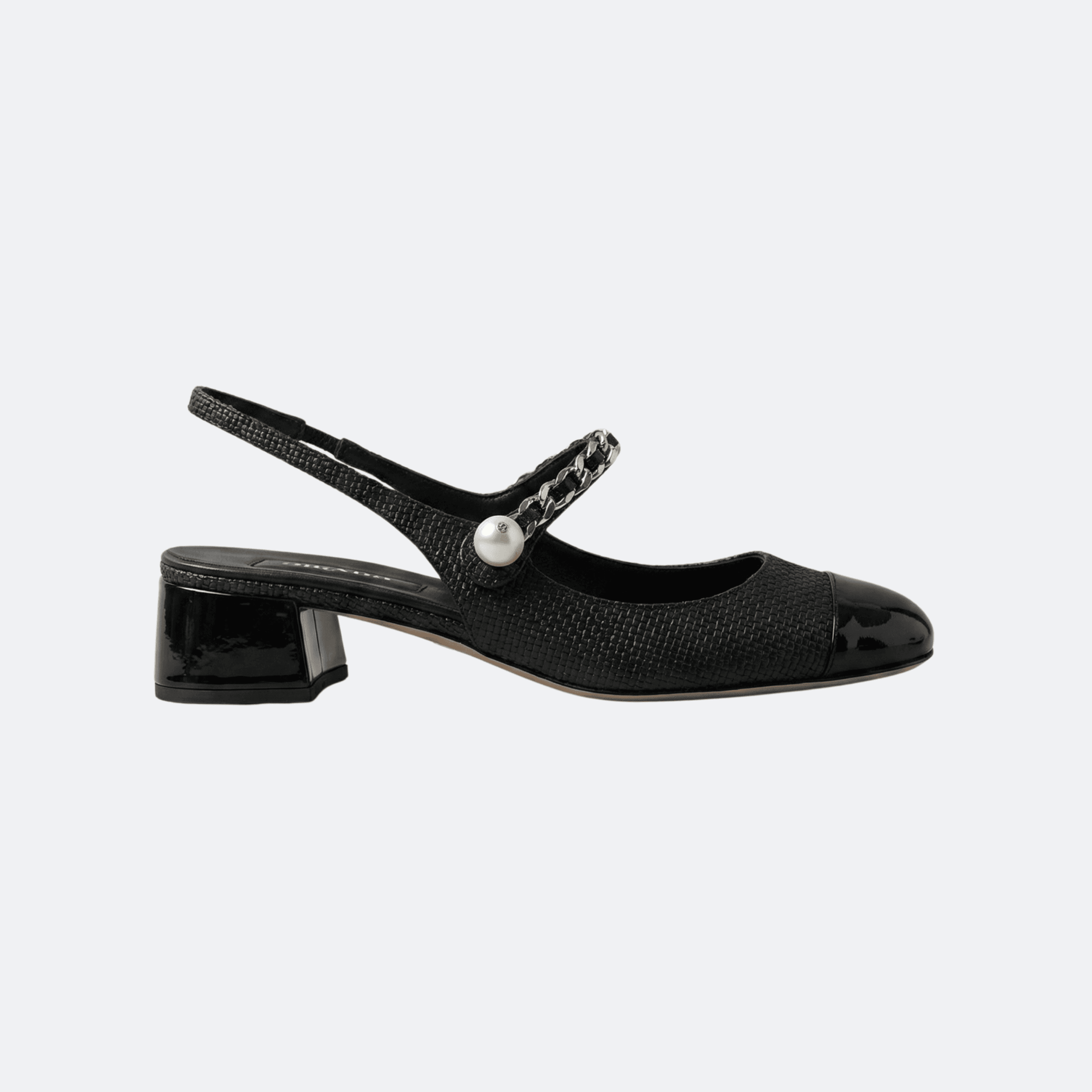 Miu Miu Woven Leather Slingback Pumps with Chain & Pearl – Black