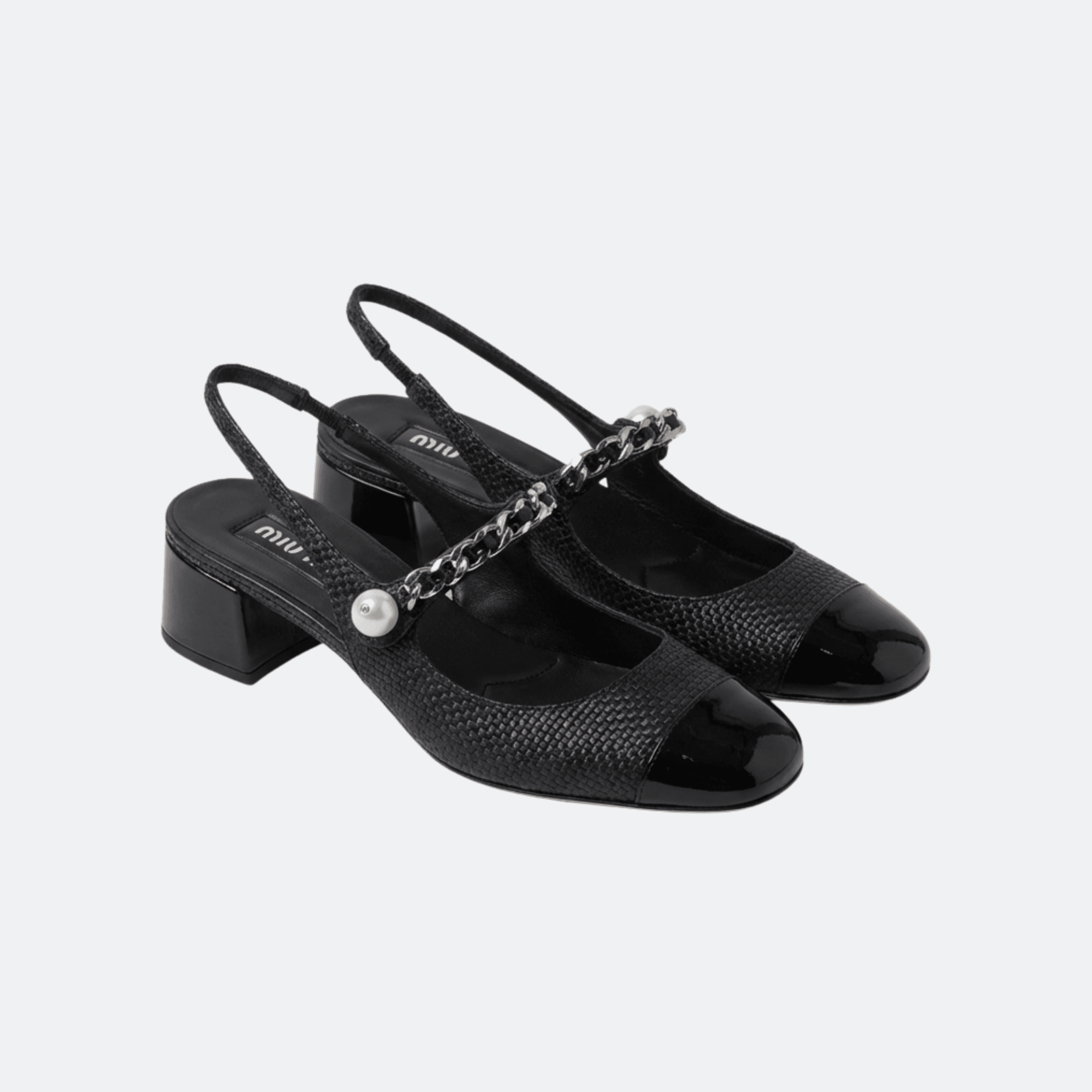Miu Miu Woven Leather Slingback Pumps with Chain & Pearl – Black alternate