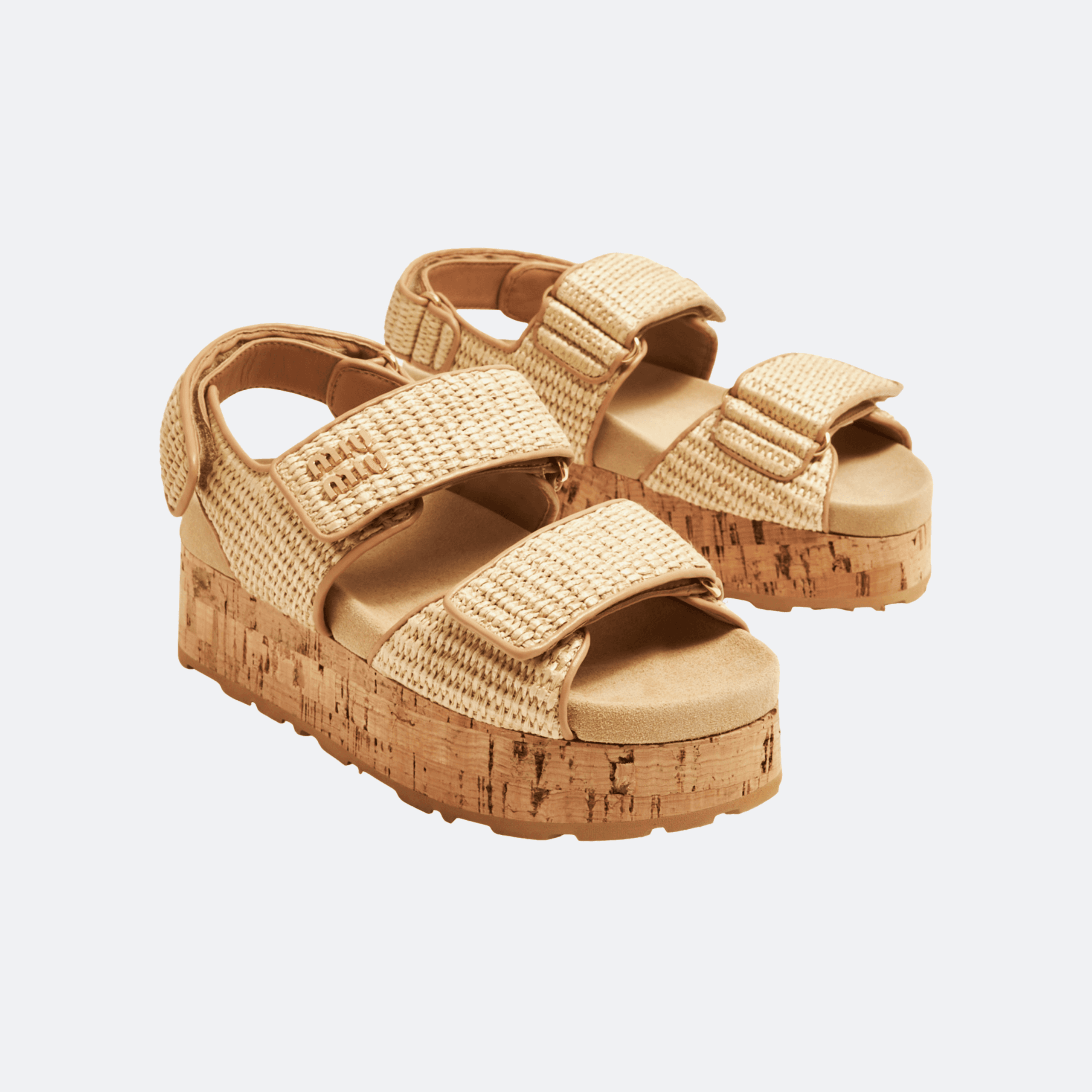 Miu Miu Woven Raffia Cork Platform Sandals - Beige alternate