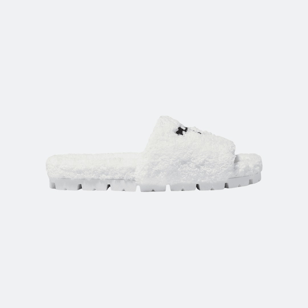 Prada Fluffy Fur White Logo Embroidered Slides