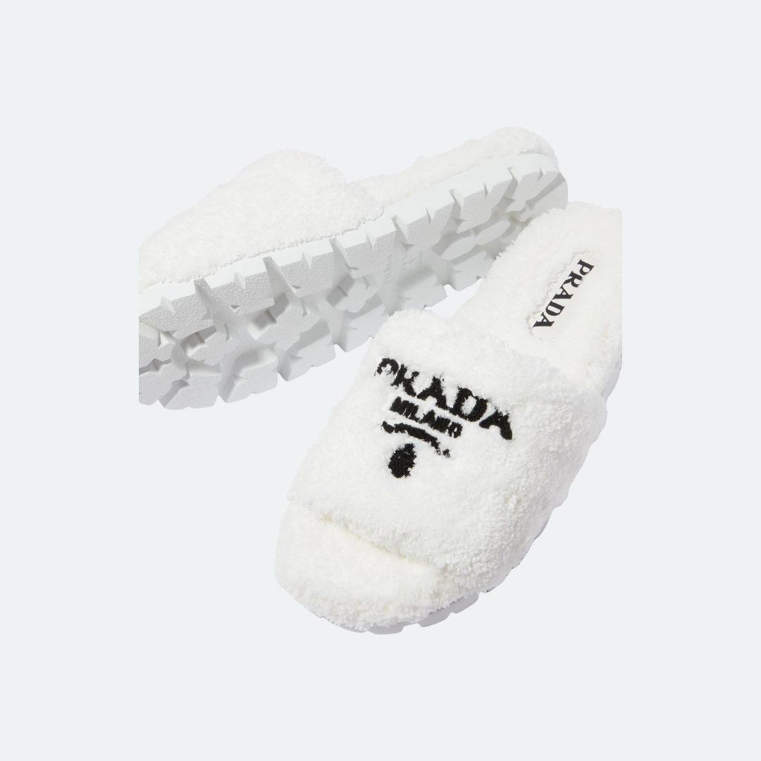Prada Fluffy Fur White Logo Embroidered Slides alternate