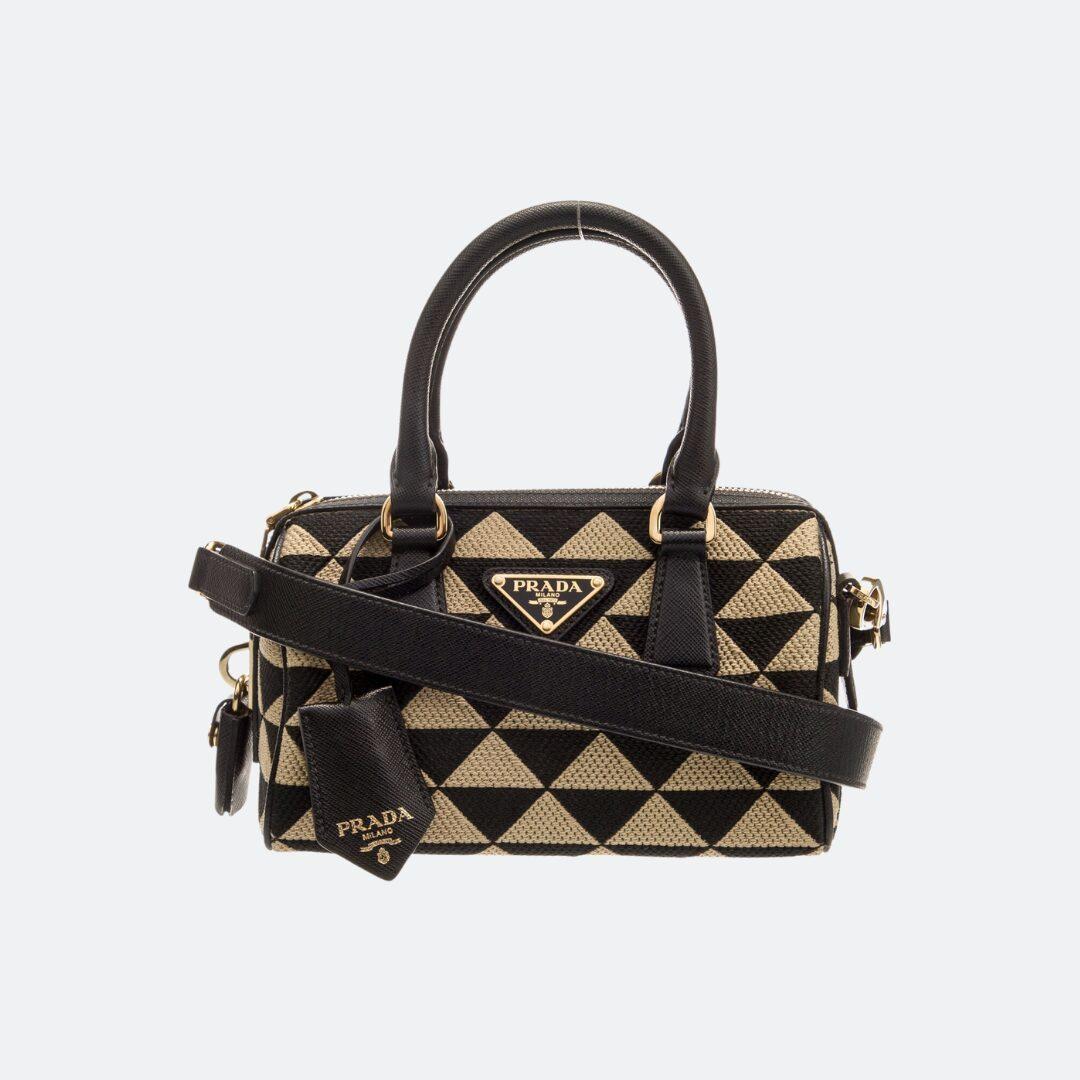Prada Jacquard Triangolo Beige-Black Embroidered Fabric Hand/Shoulder Bag