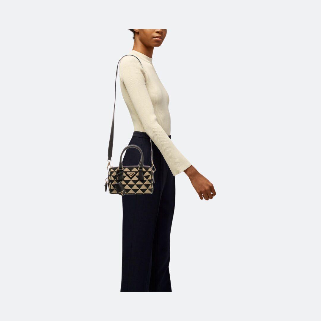 Prada Jacquard Triangolo Beige-Black Embroidered Fabric Hand/Shoulder Bag alternate