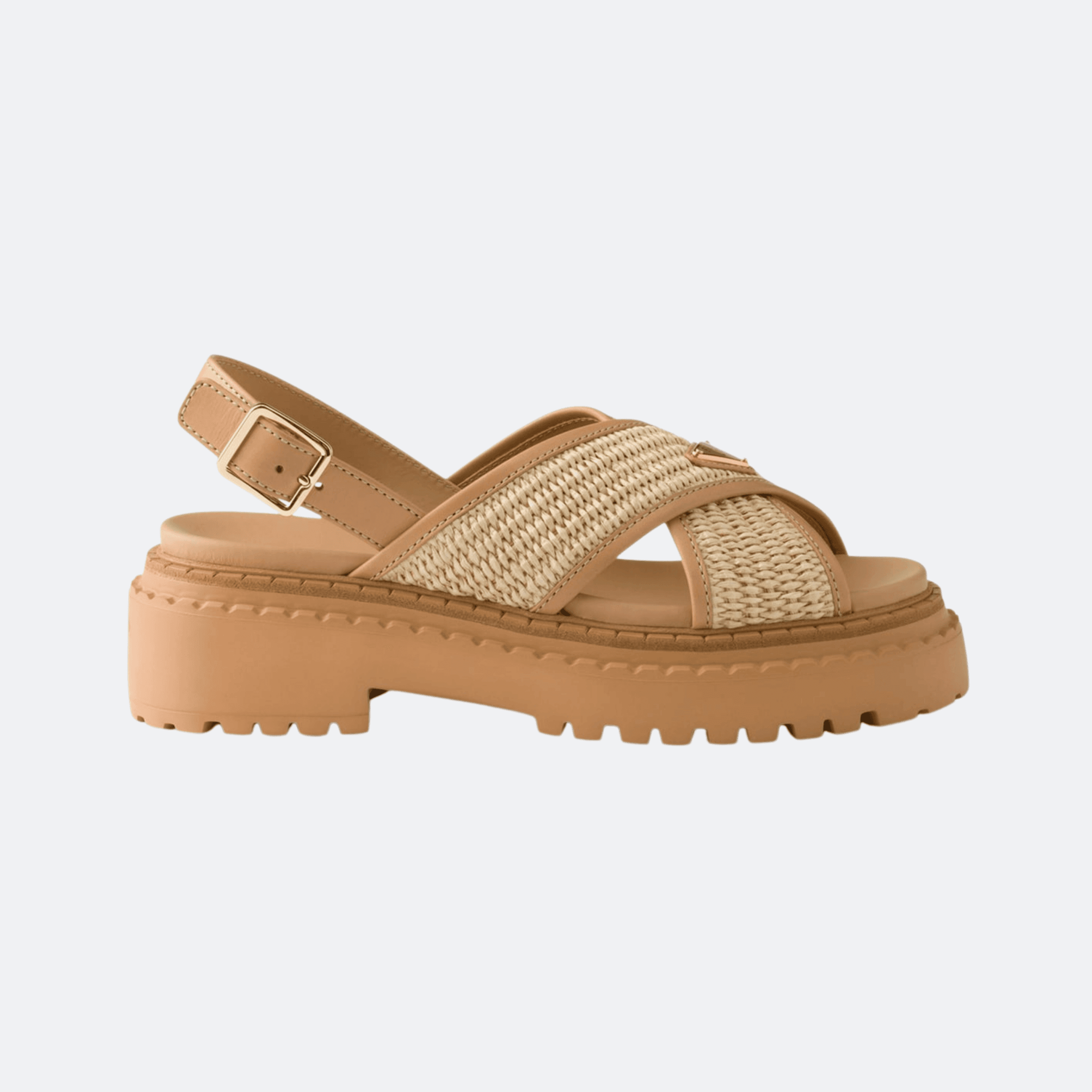 Prada Leather-Raffia Crossover Platform Sandals 55 For Women - Natural/Camel