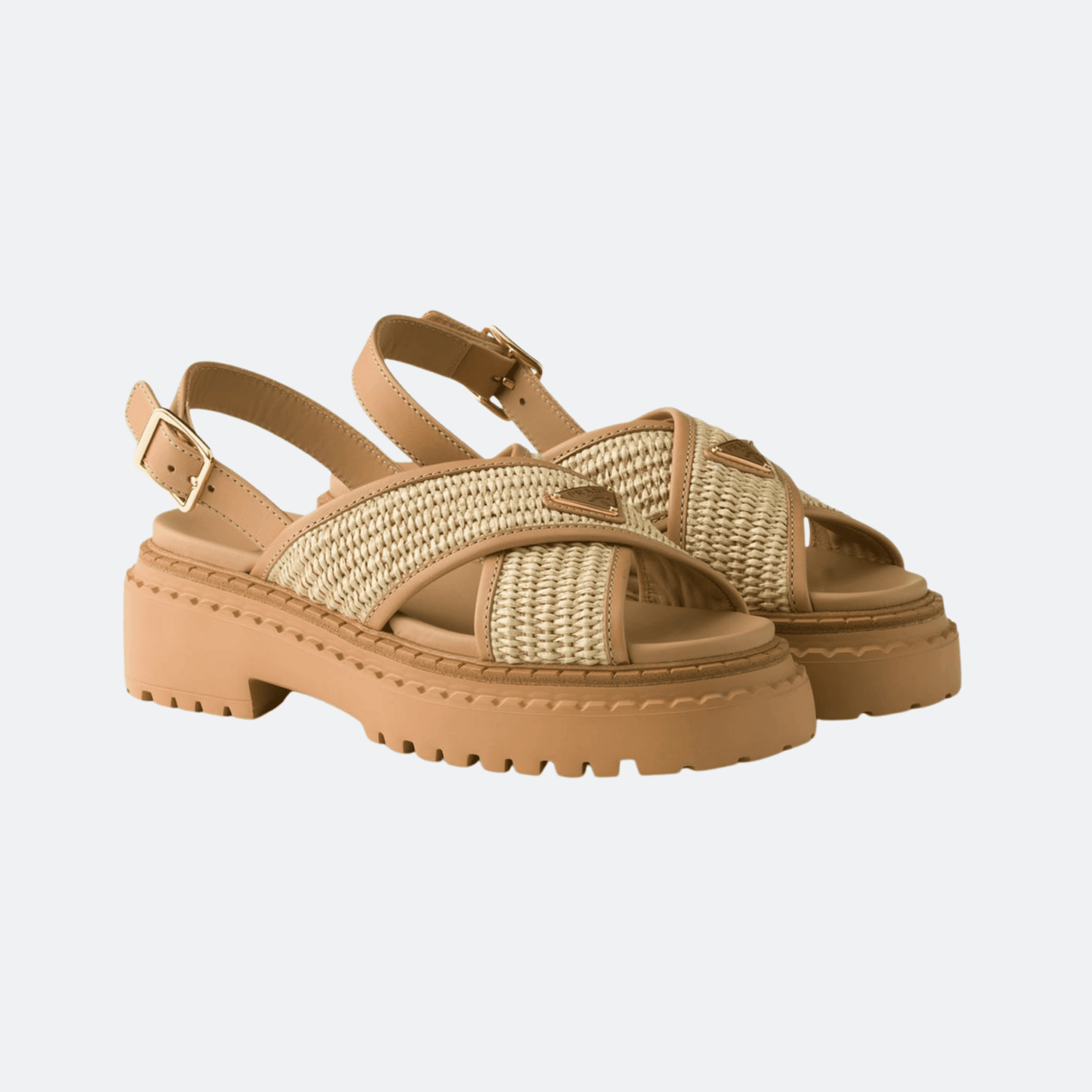 Prada Leather-Raffia Crossover Platform Sandals 55 For Women - Natural/Camel alternate