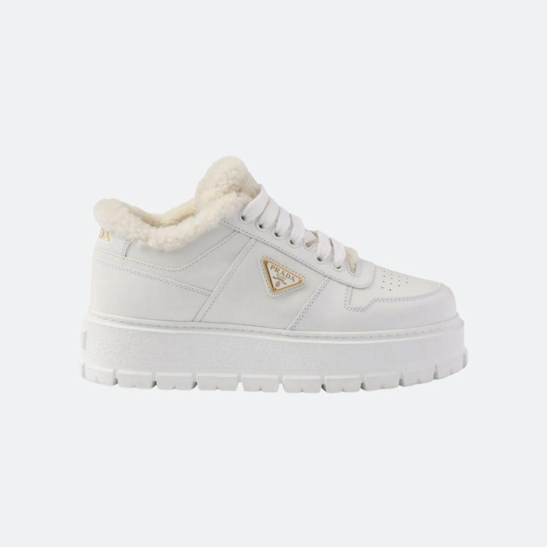 Prada Leather White Leather Women Sneakers with Fur