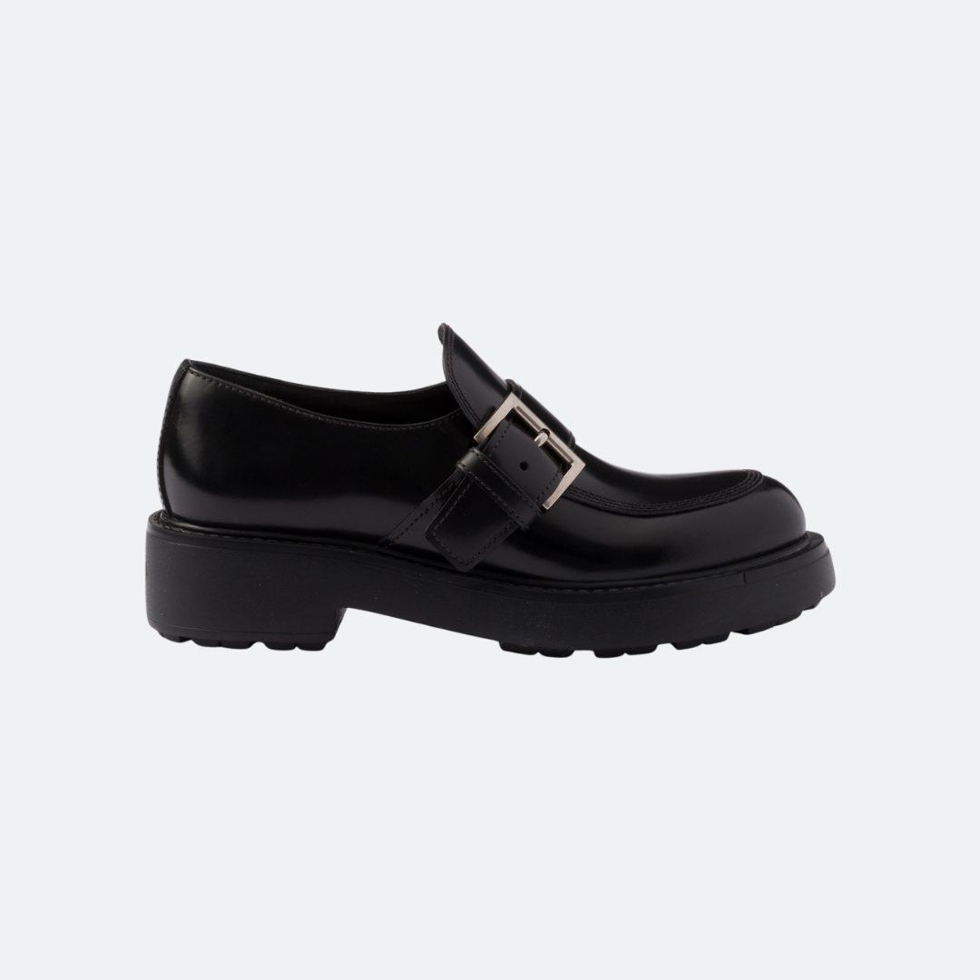 Prada No Lace Brush Buckled Black Leather Loafers