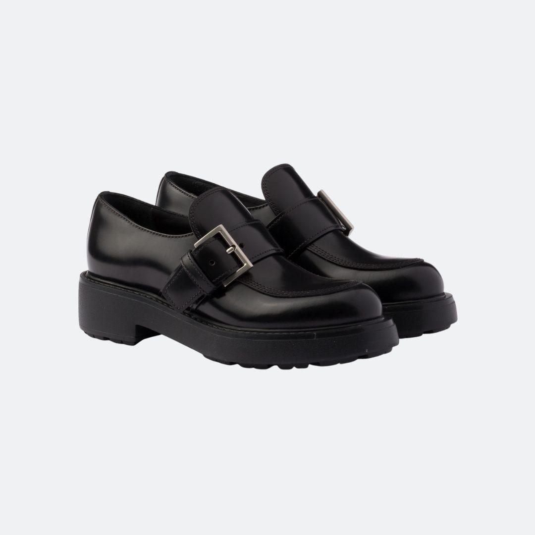 Prada No Lace Brush Buckled Black Leather Loafers alternate