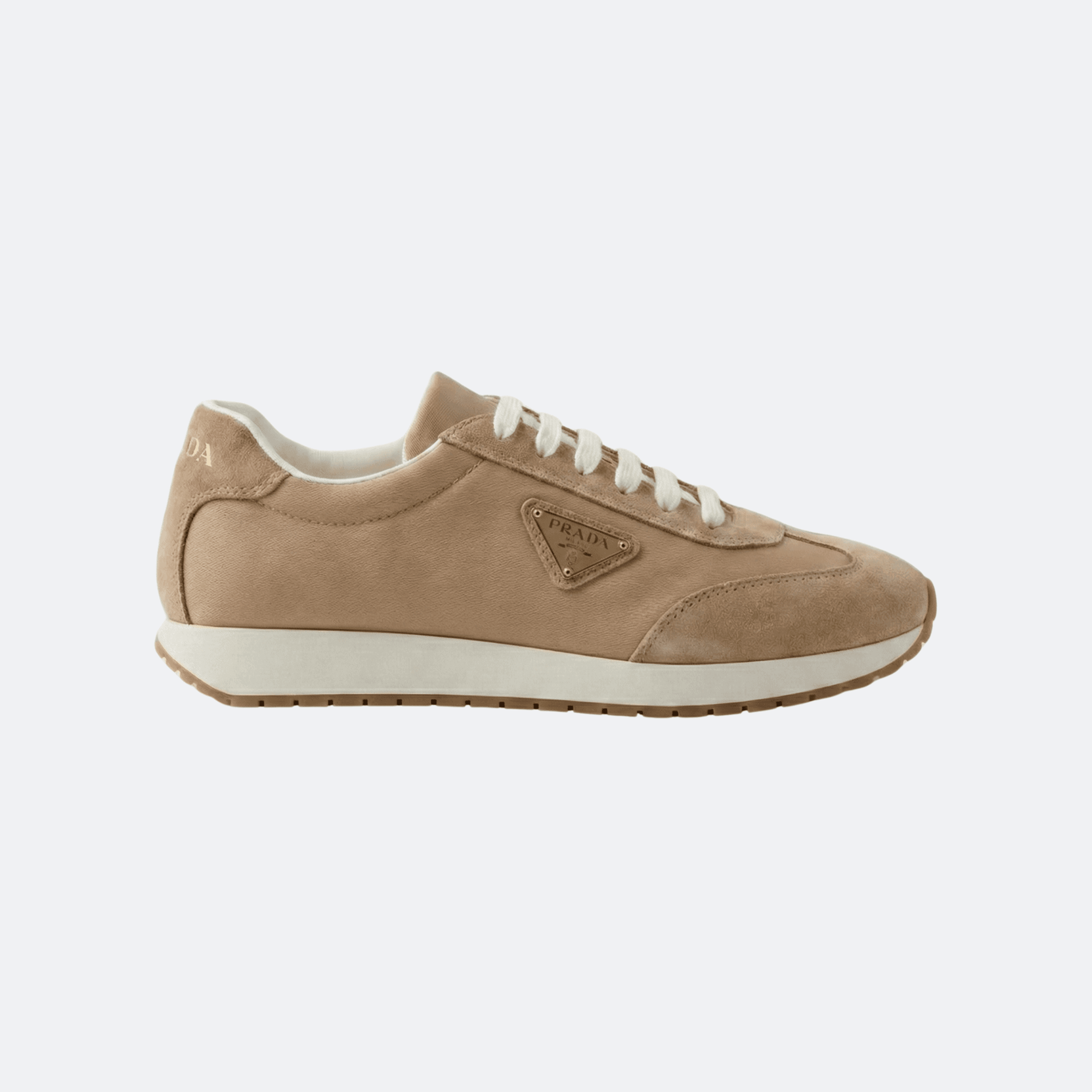 Prada Nylon & Suede Beige Low-Top Sneakers with Enamel Triangle Logo for Men