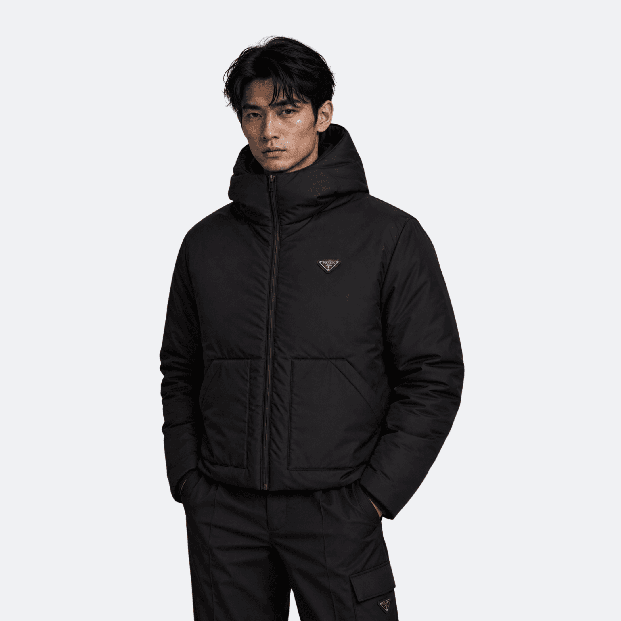 Prada Re-Nylon Hooded Padded Jacket With Patch Pockets And Triangle Logo - Black