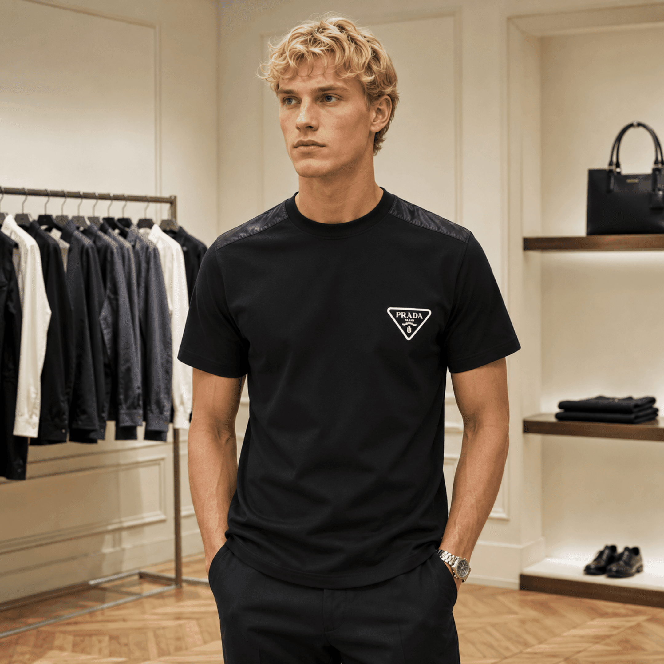 Prada Triangle Logo Cotton T-Shirt for Men - Black alternate