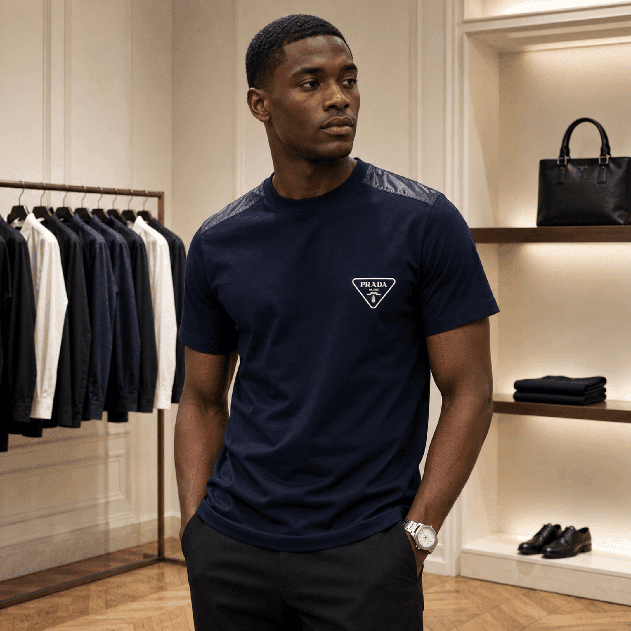 Prada Triangle Logo Cotton T-Shirt for Men - Navy alternate