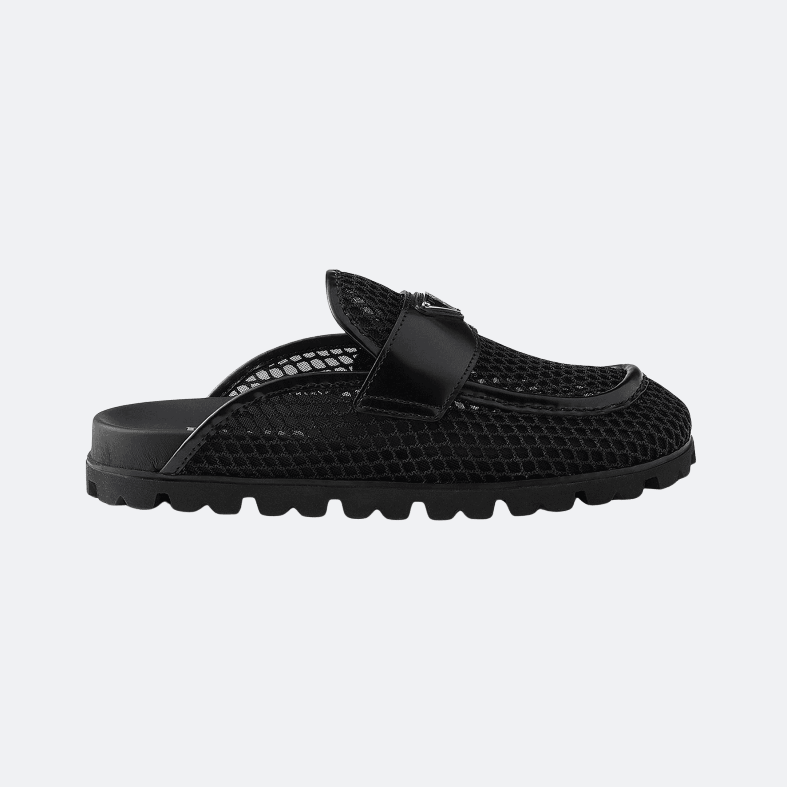 Prada Triangle Logo Mesh Fabric Mules For Women - Black