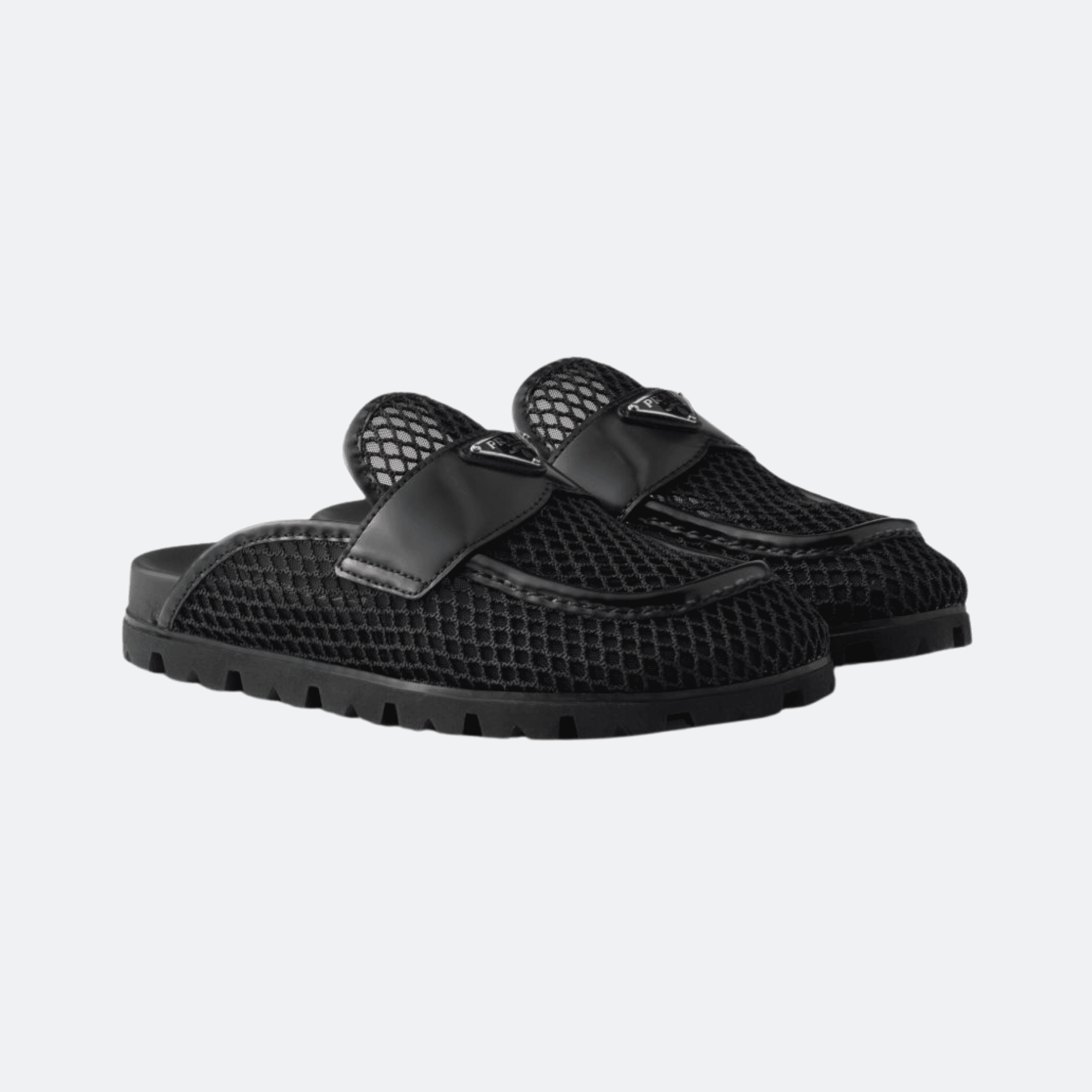 Prada Triangle Logo Mesh Fabric Mules For Women - Black alternate