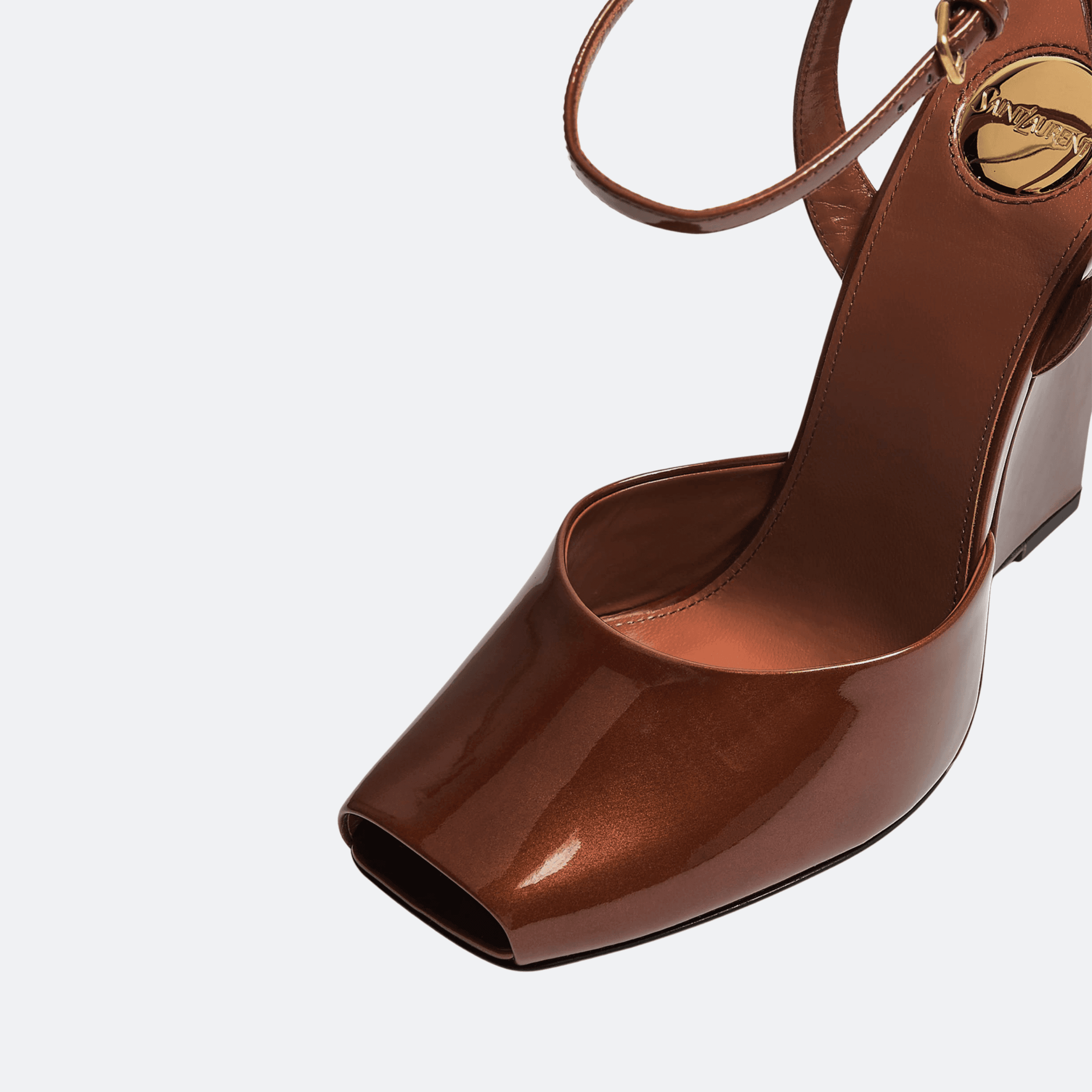 Saint Laurent Patent Leather Wedge Slingback Sandals - Cognac Brown alternate