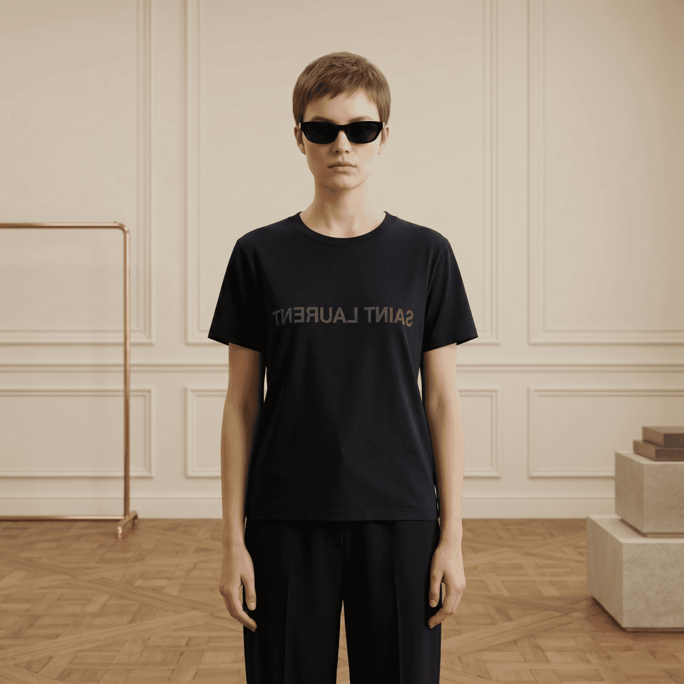 Saint Laurent Reverse Logo Cotton T-Shirt - Navy Blue alternate