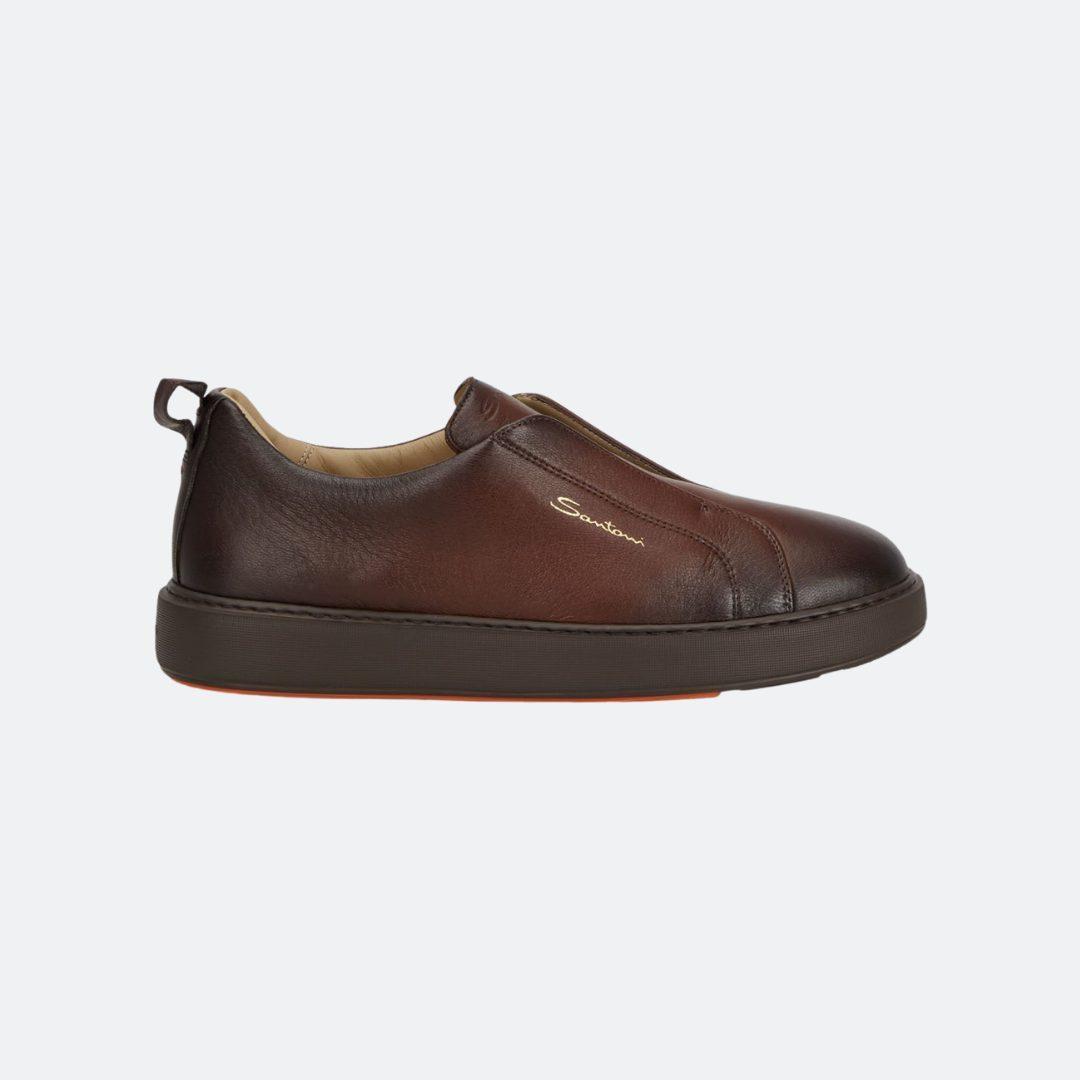 Santoni Brown-Black Slip-on Leather Men Sneakers