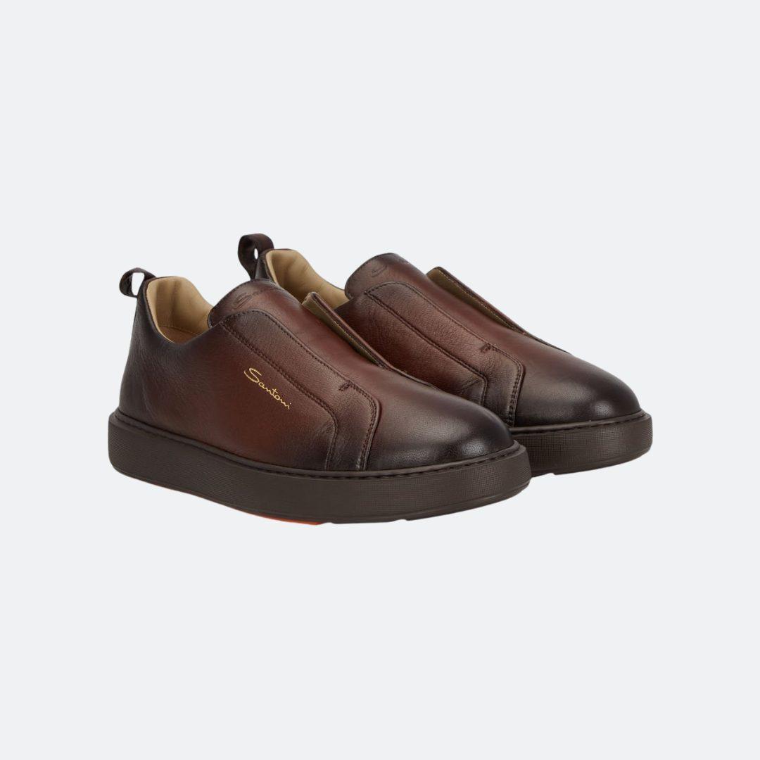 Santoni Brown-Black Slip-on Leather Men Sneakers alternate