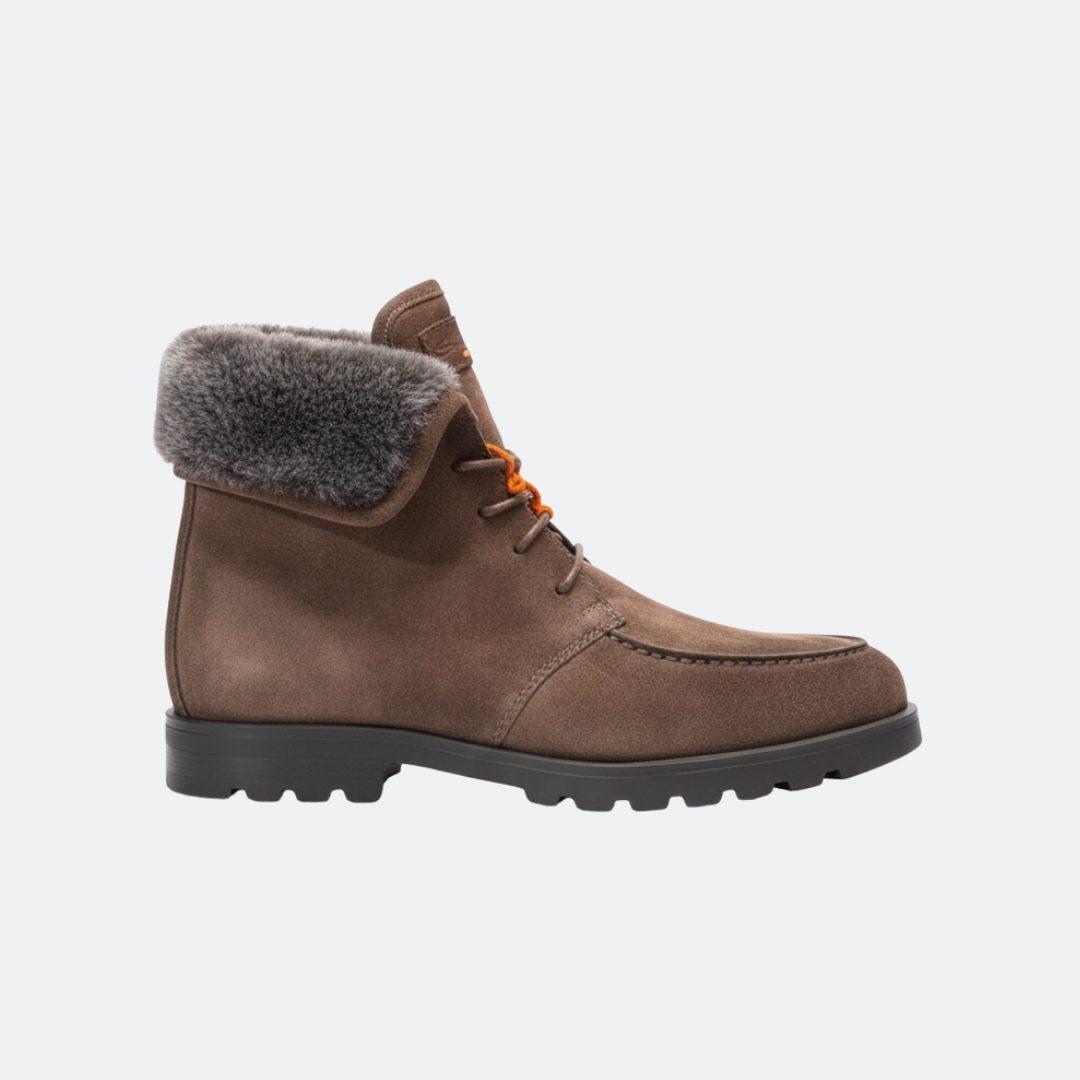Santoni Brown Men Ankle Boots with Fur