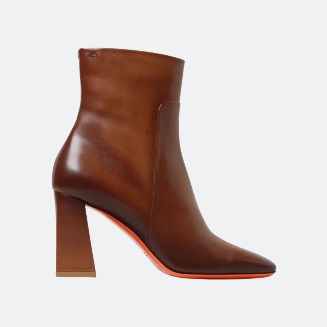 Santoni Leather Brown Women Ankle Boots with Heels