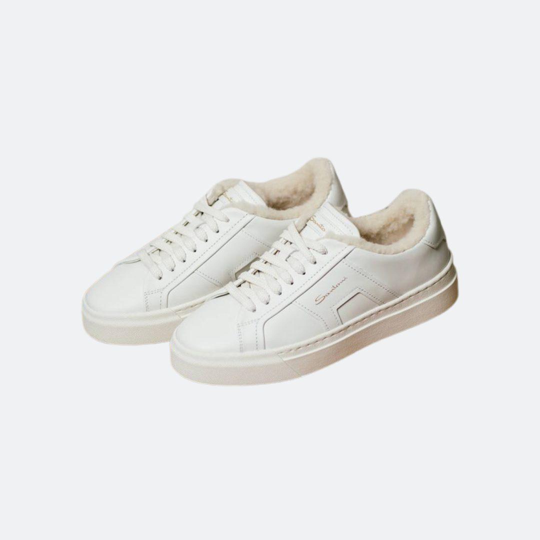 Santoni White Leather Women Snakers with Fur alternate