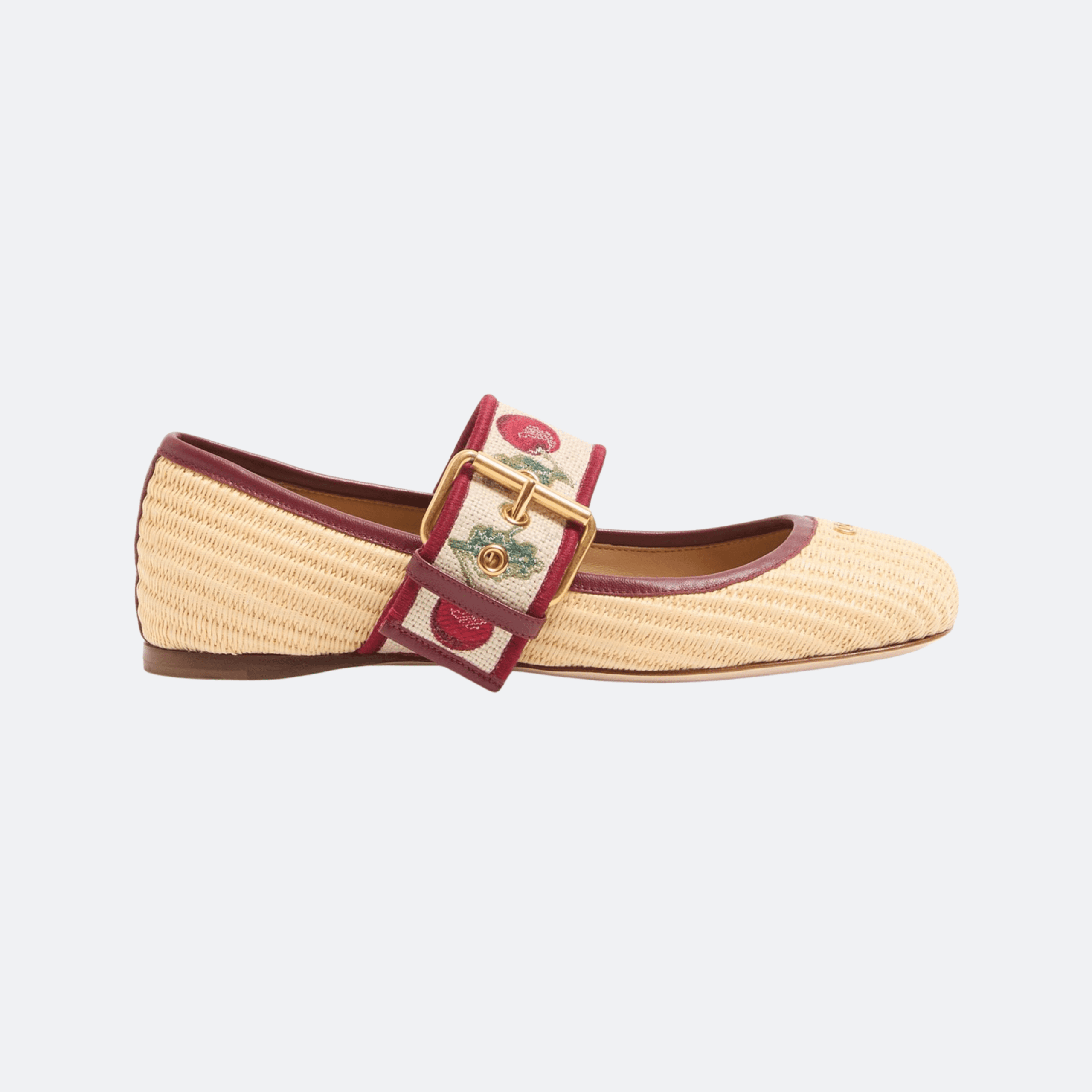 Valentino Garavani Ribri Raffia Ballerina Flats for Women - Natural/Burgundy