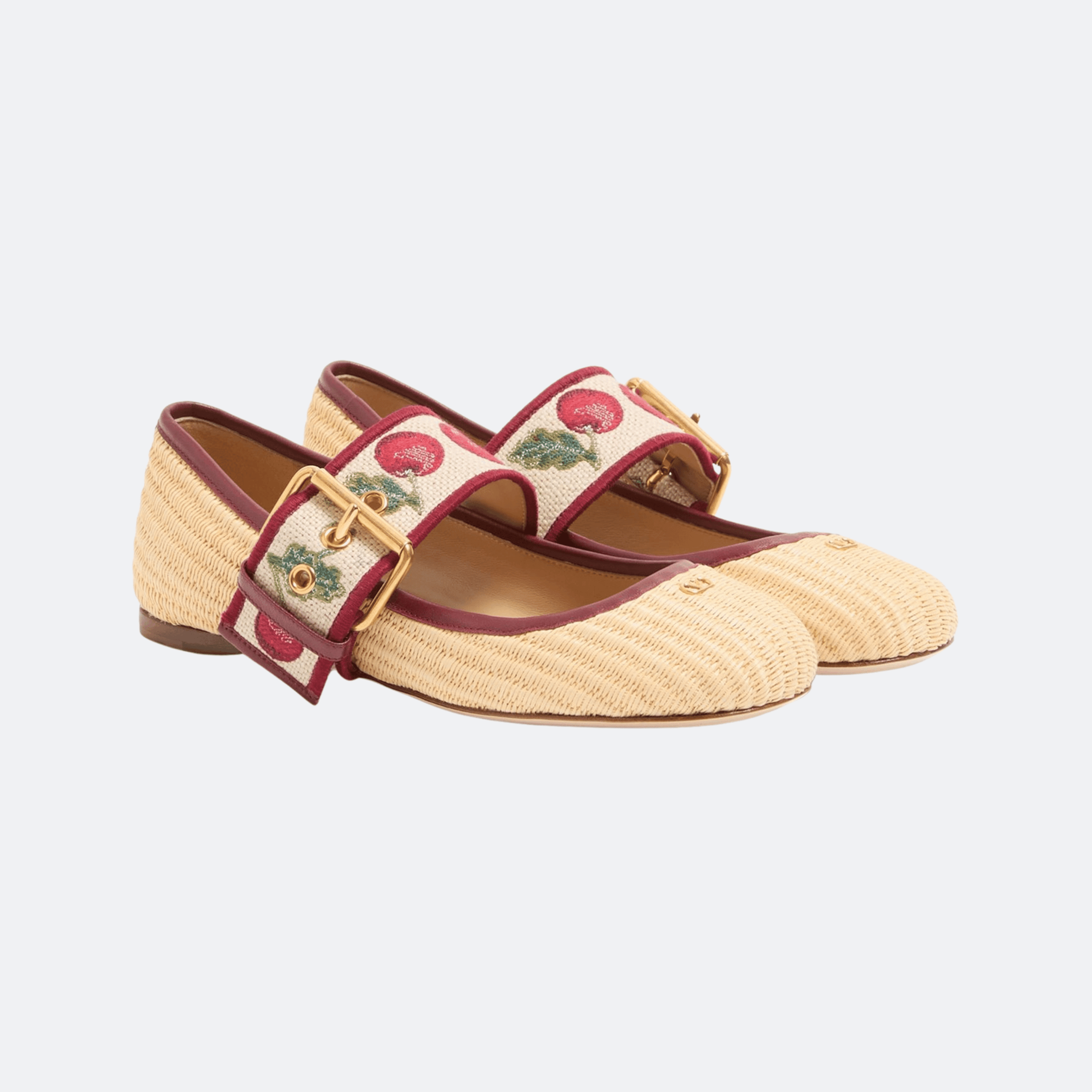 Valentino Garavani Ribri Raffia Ballerina Flats for Women - Natural/Burgundy alternate