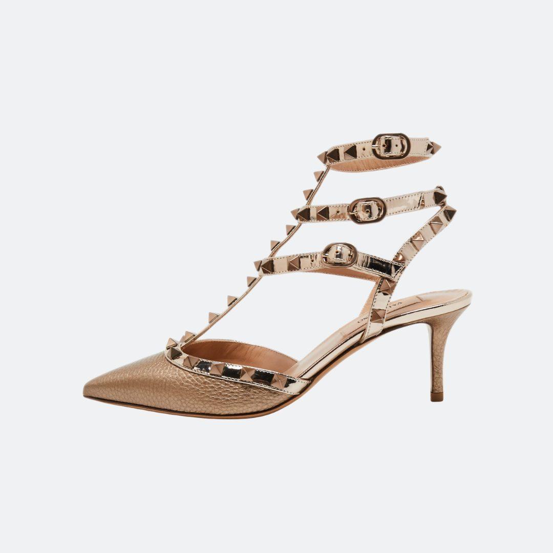 Valentino Garavani Rockstud Leather Gold Colour Strap Pumps