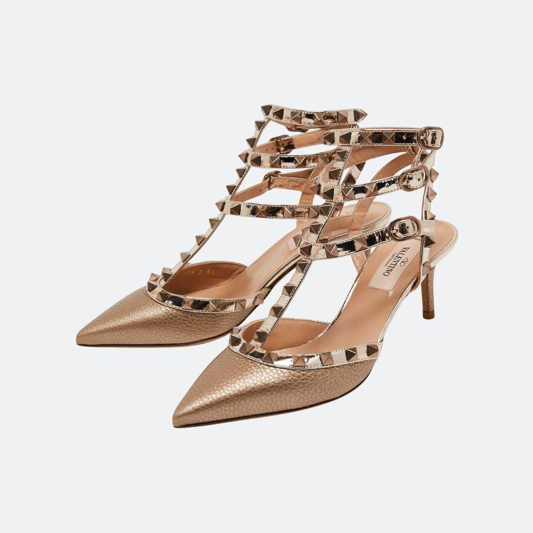 Valentino Garavani Rockstud Leather Gold Colour Strap Pumps alternate