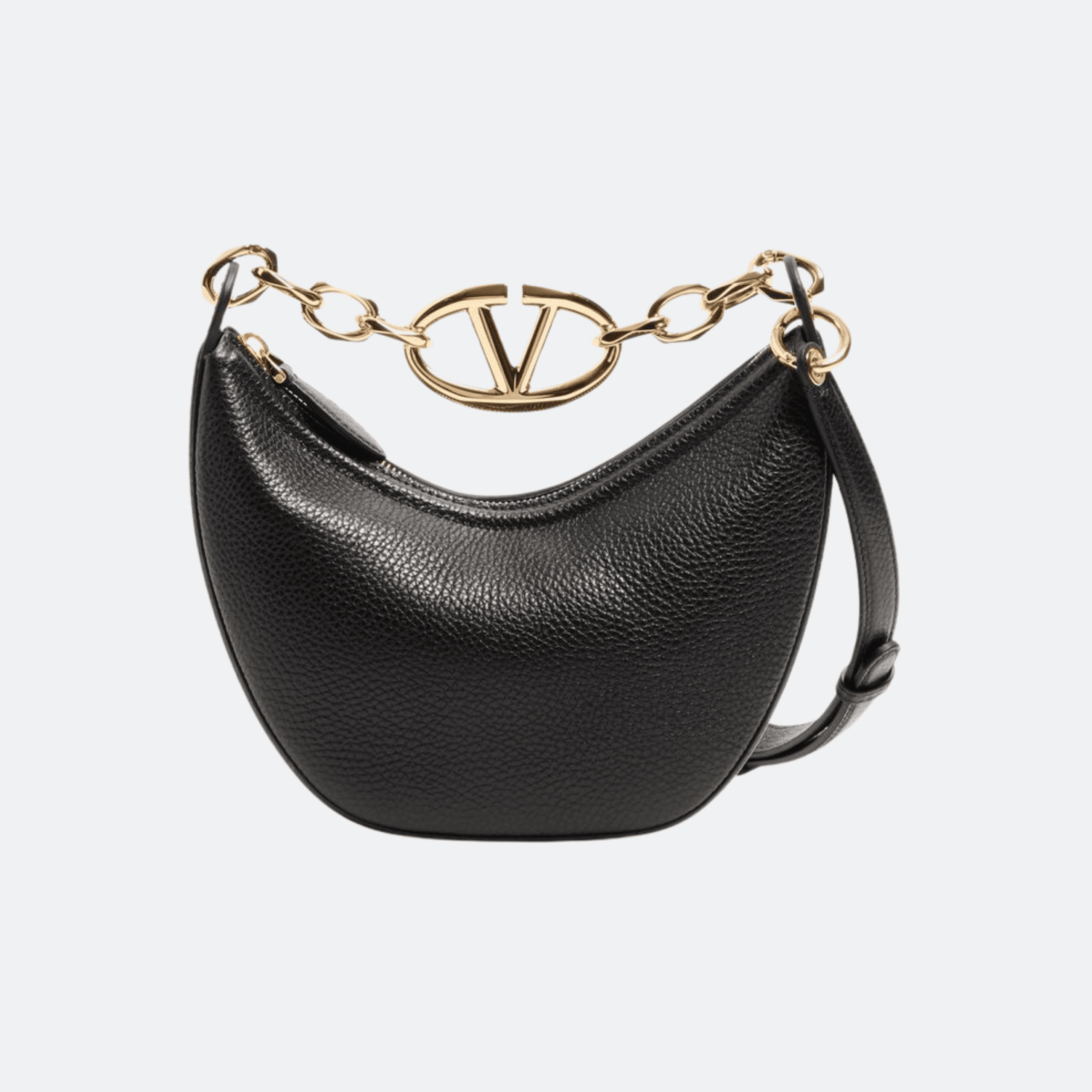 Valentino Mini Hobo Vlogo Moon Bag In Grainy Calfskin With Chain For Women - Black