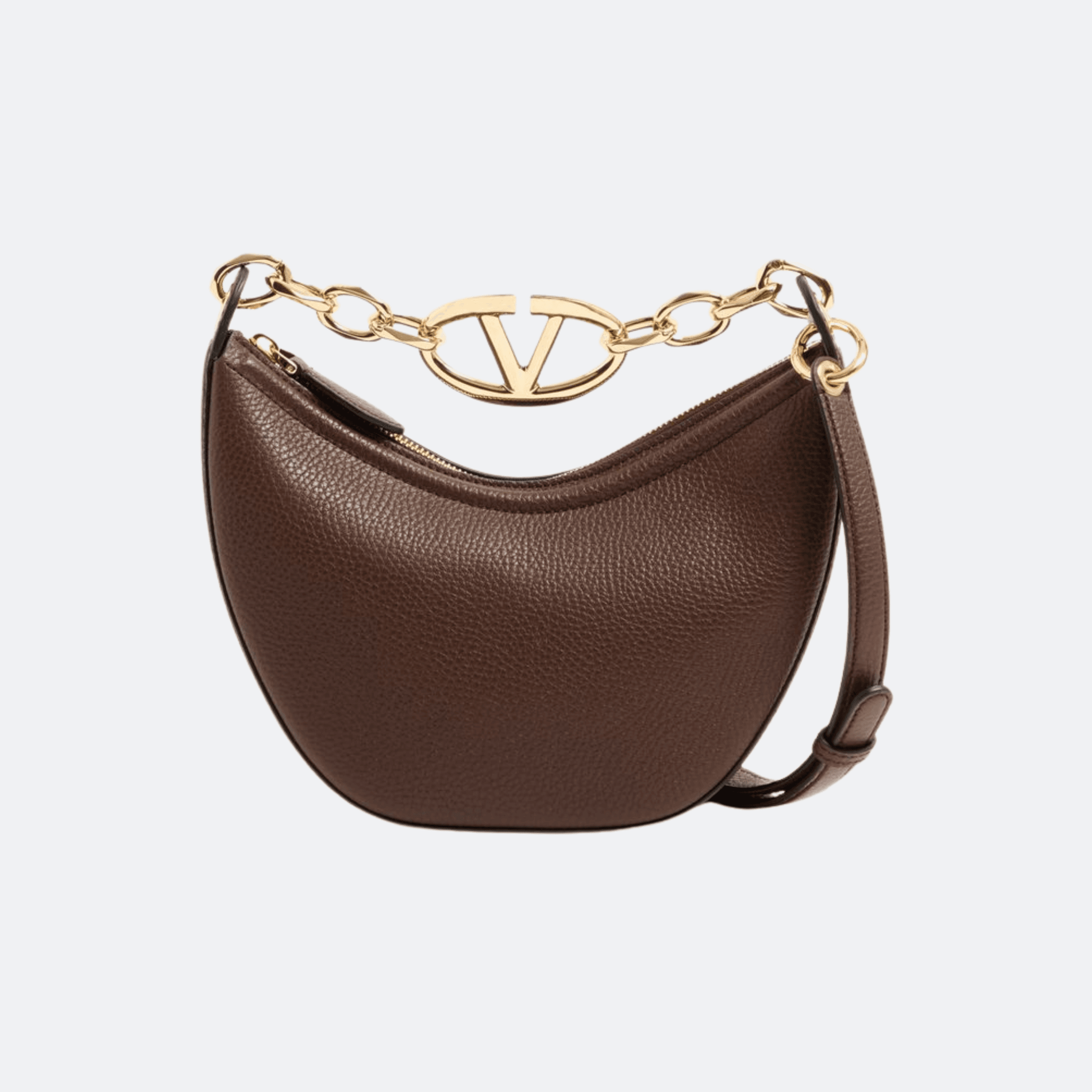 Valentino Mini Hobo Vlogo Moon Bag In Grainy Calfskin With Chain For Women - Brown