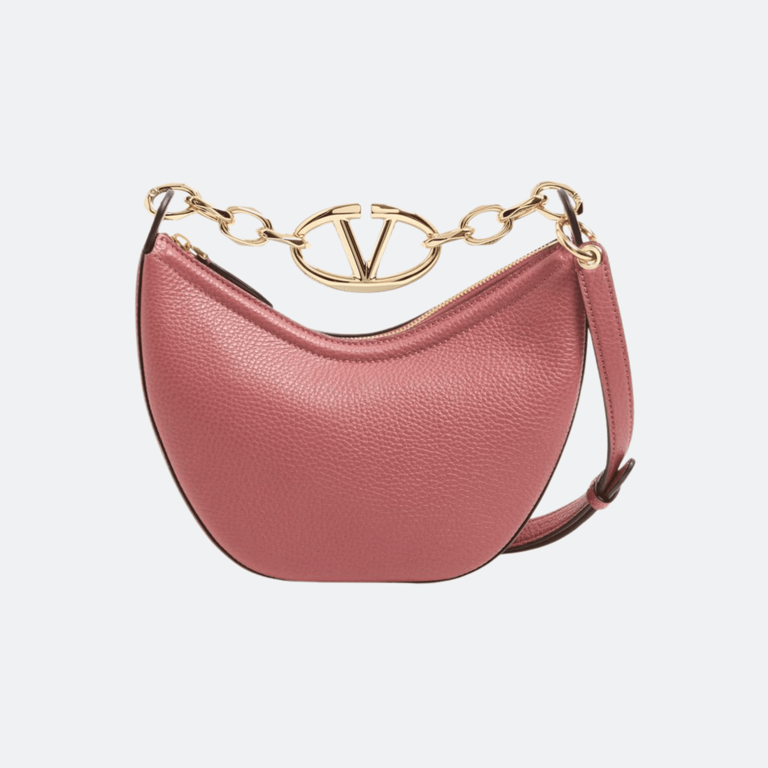 Valentino Mini Hobo Vlogo Moon Bag In Grainy Calfskin With Chain For Women - Pink
