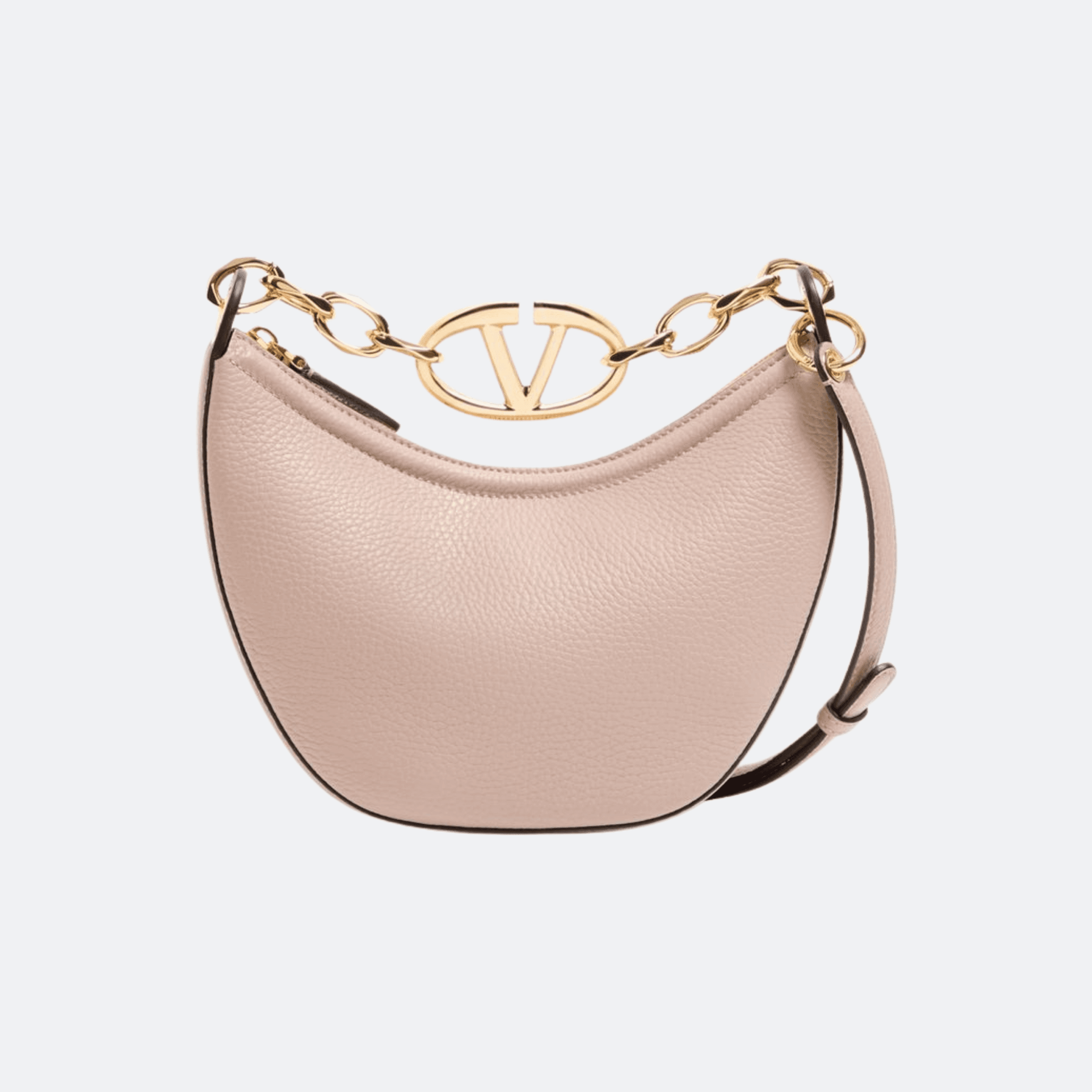 Valentino Mini Hobo Vlogo Moon Bag In Grainy Calfskin With Chain For Women - Powder