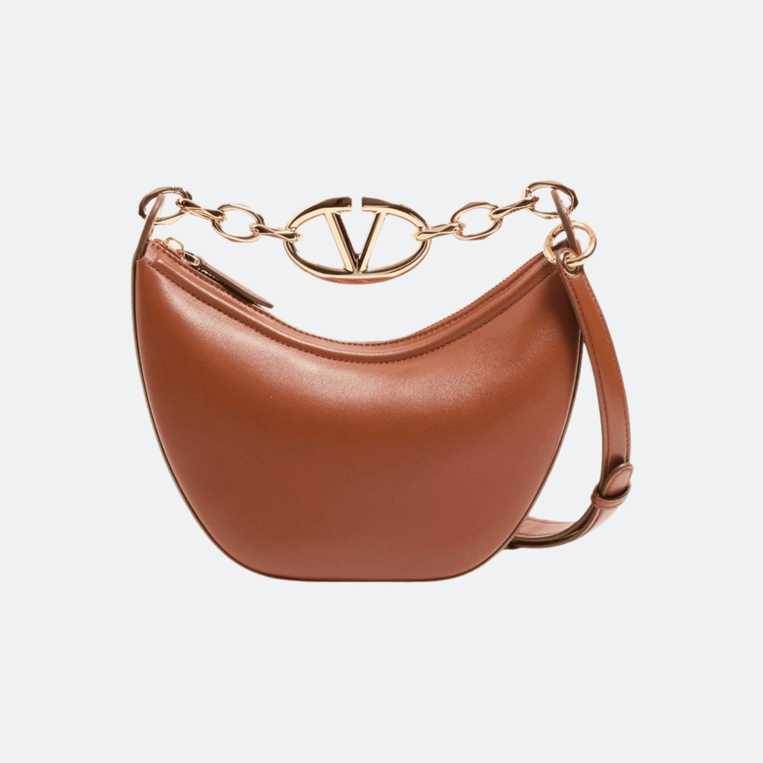 Valentino Mini Hobo Vlogo Moon Bag In Nappa With Chain For Women - Cognac